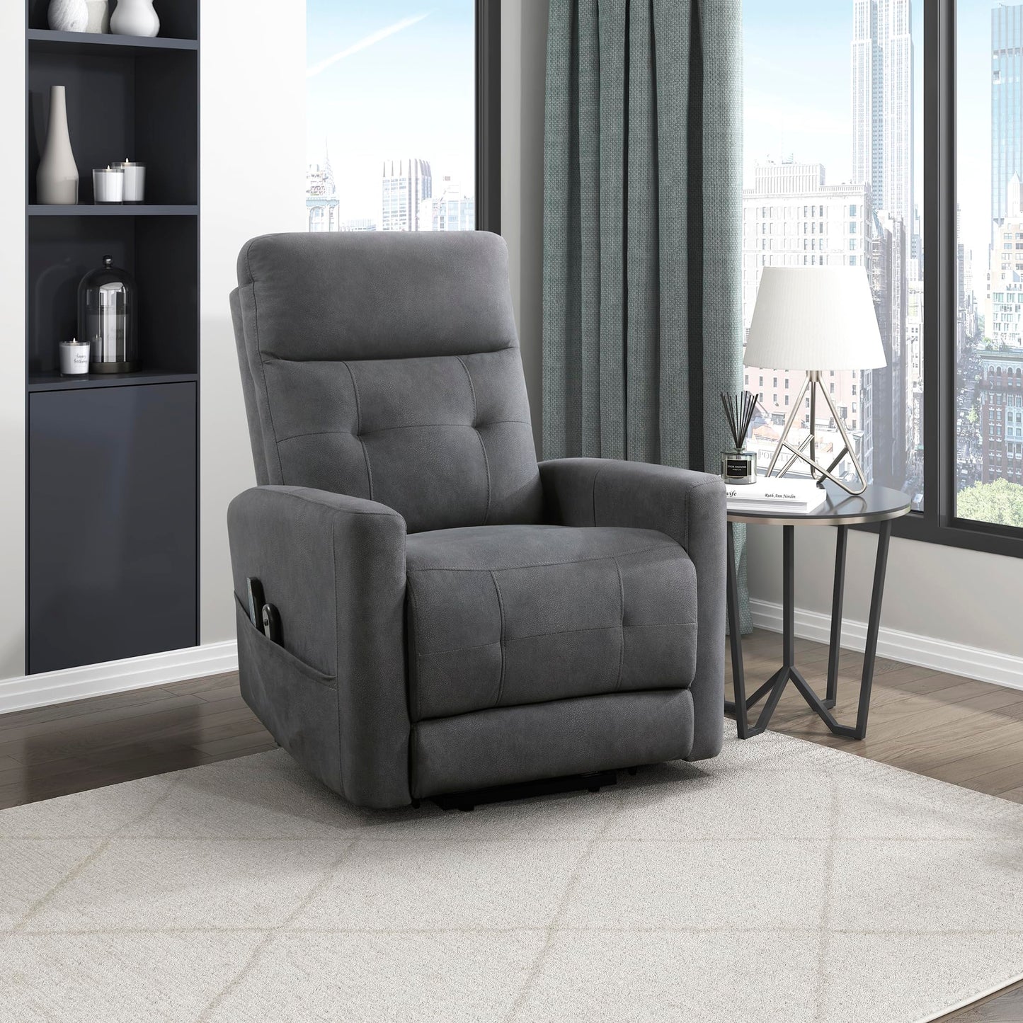 Lexicon Power Lift Recliner with Heat and Massage for Adults Elderly Ergonomic, Textured Microfiber Tufted Lounge Chair Classic Single Sofa Recliner with Side Pockets, Home Theater Seating, Dark Gray