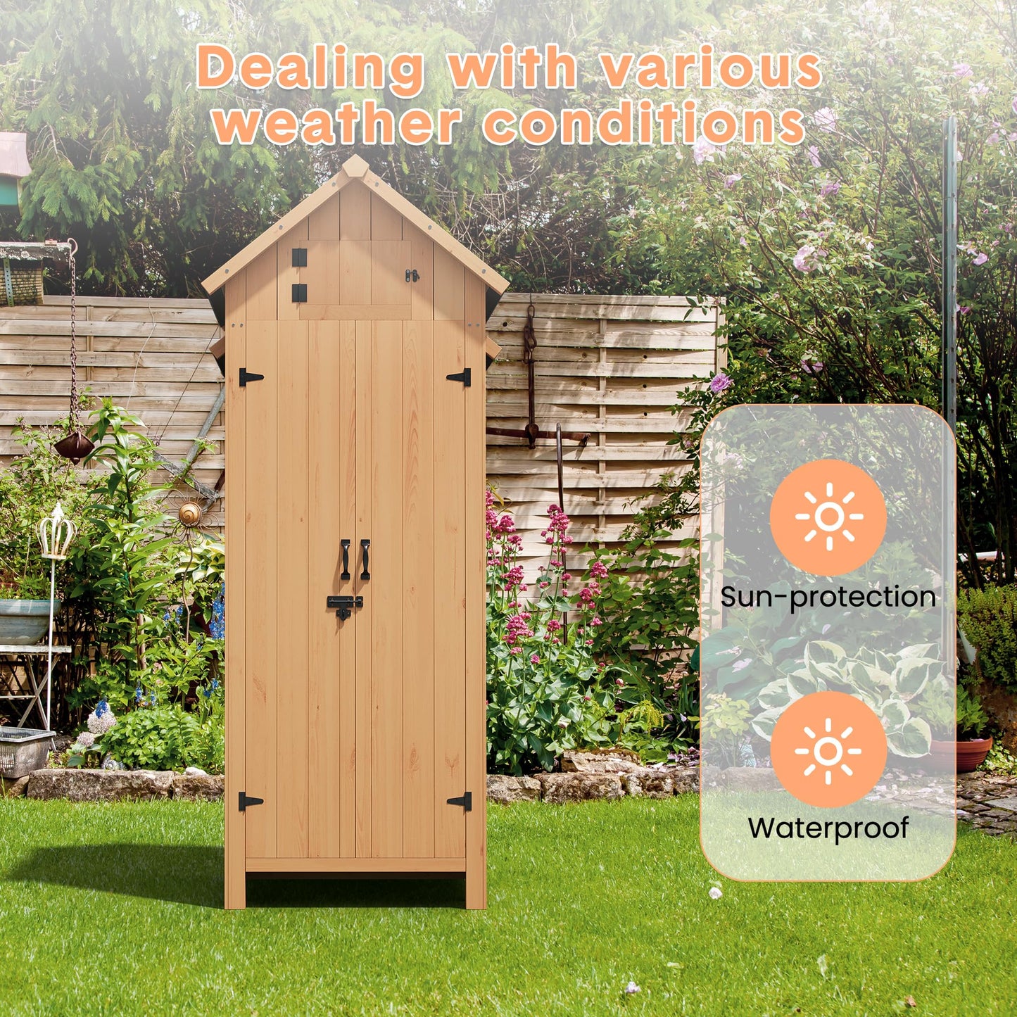 70in Tall Outdoor Storage Shed, Waterproof Wooden Garden Tool Shed with 4 Shelves and Lockable Doors, Vertical Outdoor Storage Cabinet for Patio Yard Lawn
