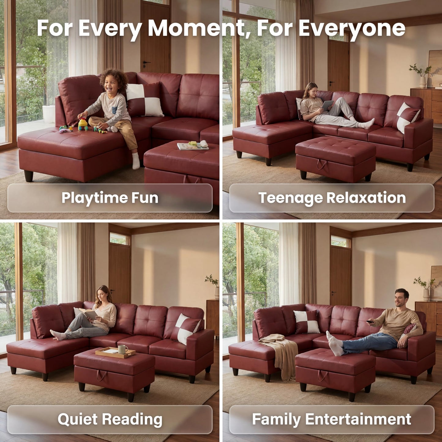 Topcomfy Leather L Shaped Sectional Couches for Living Room - 97.5“ x 66.5" Modular Sectional Sofa with Storage Ottoman, 4 Seat Home Sofa Living Room Furniture Sets with Chaise for Apartment, Brown