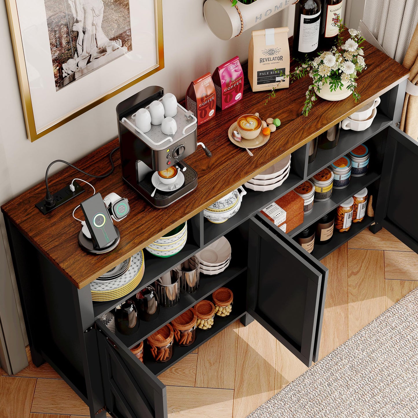 knoworld Buffet Sideboard with Storage with Power Outlets & LED Light 4 Doors, 55'' Large Farmhouse Kitchen Storage Cabinet Wood Coffee Bar Cabinet Buffet Table for Kitchen, Dining Room, Entryway