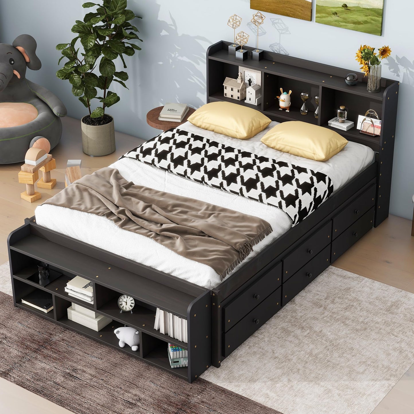 KEIKI Full Size Storage Bed Frame with Bookcase Headboard, 6 Underbed Drawers and Bed End Storage Case, Wooden Platform Bed with Shelves and Storage Cabinet for Small Bedrooms, Espresso