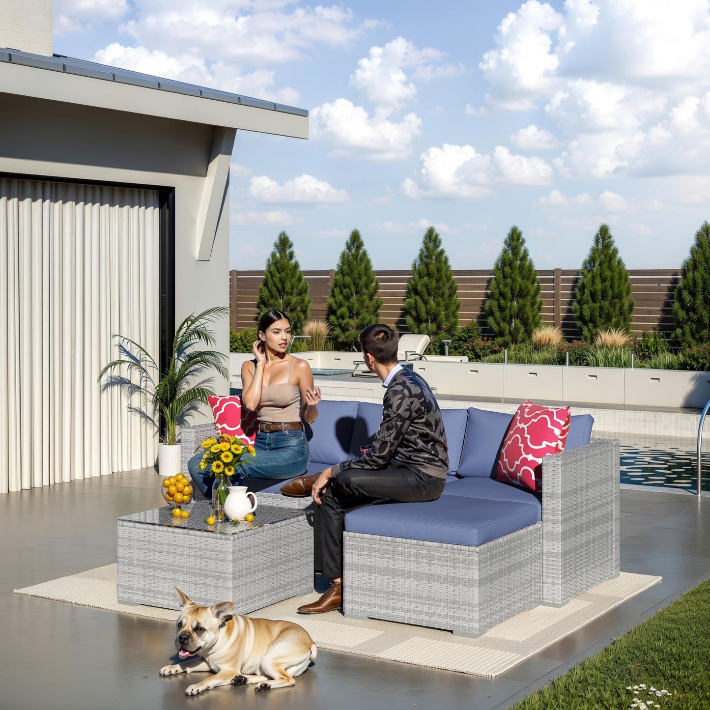 GarveeHome 5 Pieces Outdoor Patio Furniture Set, All Weather Wicker Rattan Sectional Sofa, Patio Conversation Set with Cushions and Glass Coffee Table for Backyard Porch Garden Balcony, Blue