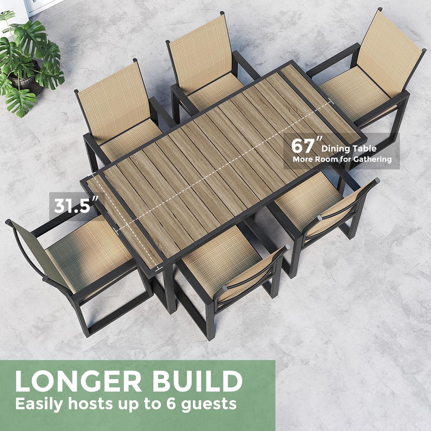 Jocoevol 7 Piece Patio Dining Set for 6, Outdoor Furniture Set Includes 67" Rectangle Patio Table and 6 Textilene Dining Chairs, Outdoor Table and Chairs for Outsides, Backyard, Garden and Poolside