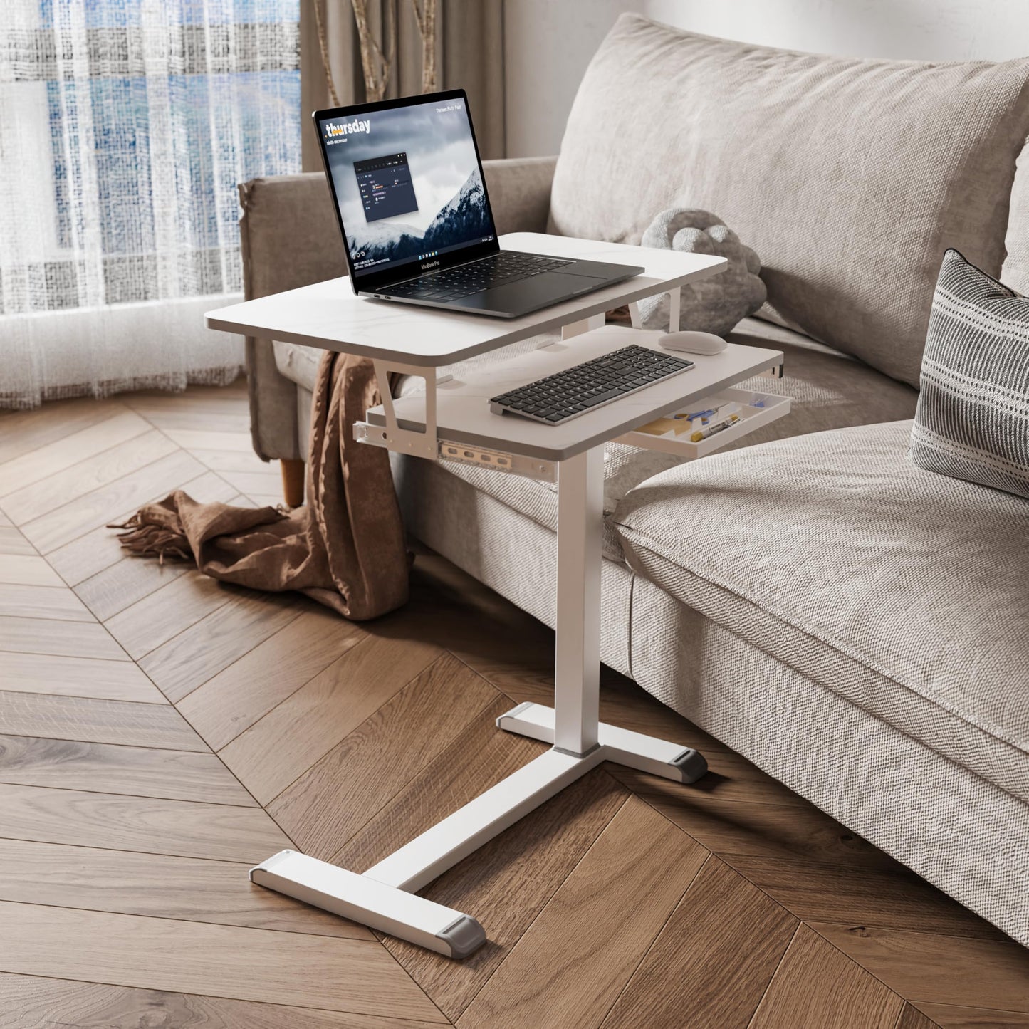 ETHU Overbed Table with Wheels, Medical Table with Drawer, Hospital Bed Table, Workstation Desk, Adjustable Overbed Bedside Rolling Laptop Desk, Marble White