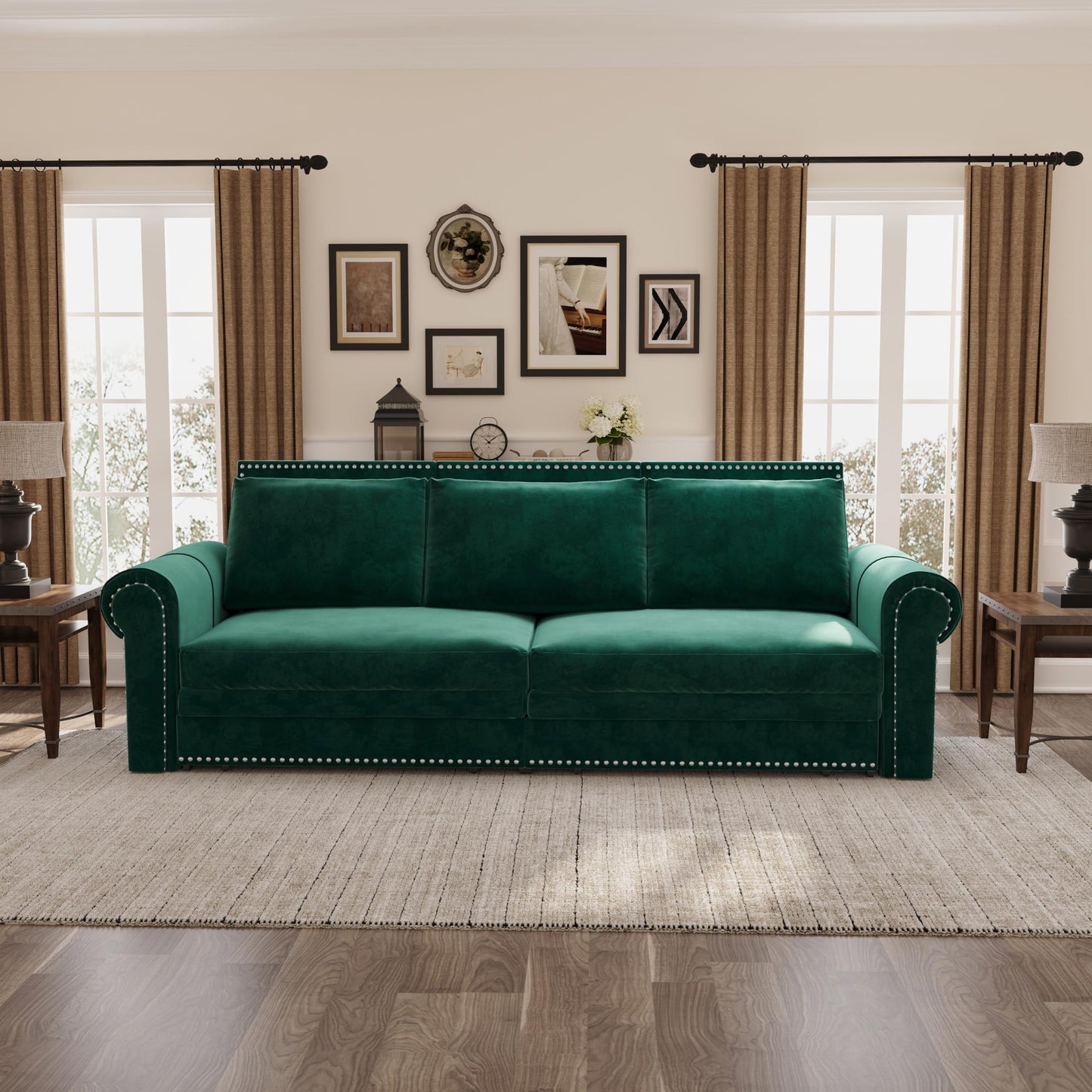 Ball & Cast 3-in-1 Convertible Sofa Bed,93.7" Velvet Pull Out Couch Bed King Size, Loveseat Sleeper Sofa with Nailhead Trim & Rolled Arm,Multi-Functional Sofa Couches for Living Room,Green