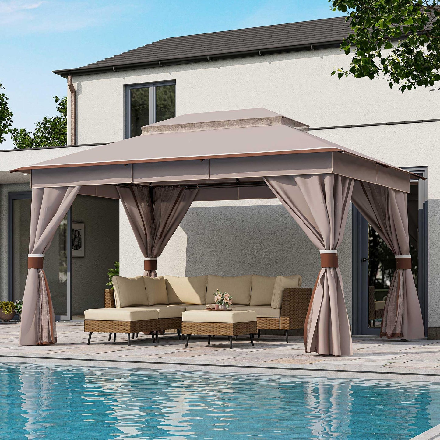 LAUSAINT HOME Patio Gazebo 10'x13', Outdoor Heavy Duty Party Tent Shelter with Double Roofs, Mosquito Nettings and Privacy Screens for Backyard, Garden, Lawn, Classic Khaki