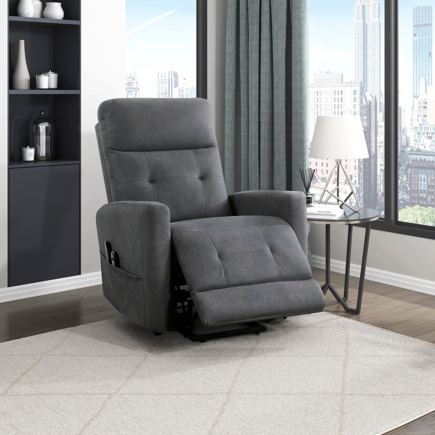 Lexicon Power Lift Recliner with Heat and Massage for Adults Elderly Ergonomic, Textured Microfiber Tufted Lounge Chair Classic Single Sofa Recliner with Side Pockets, Home Theater Seating, Dark Gray