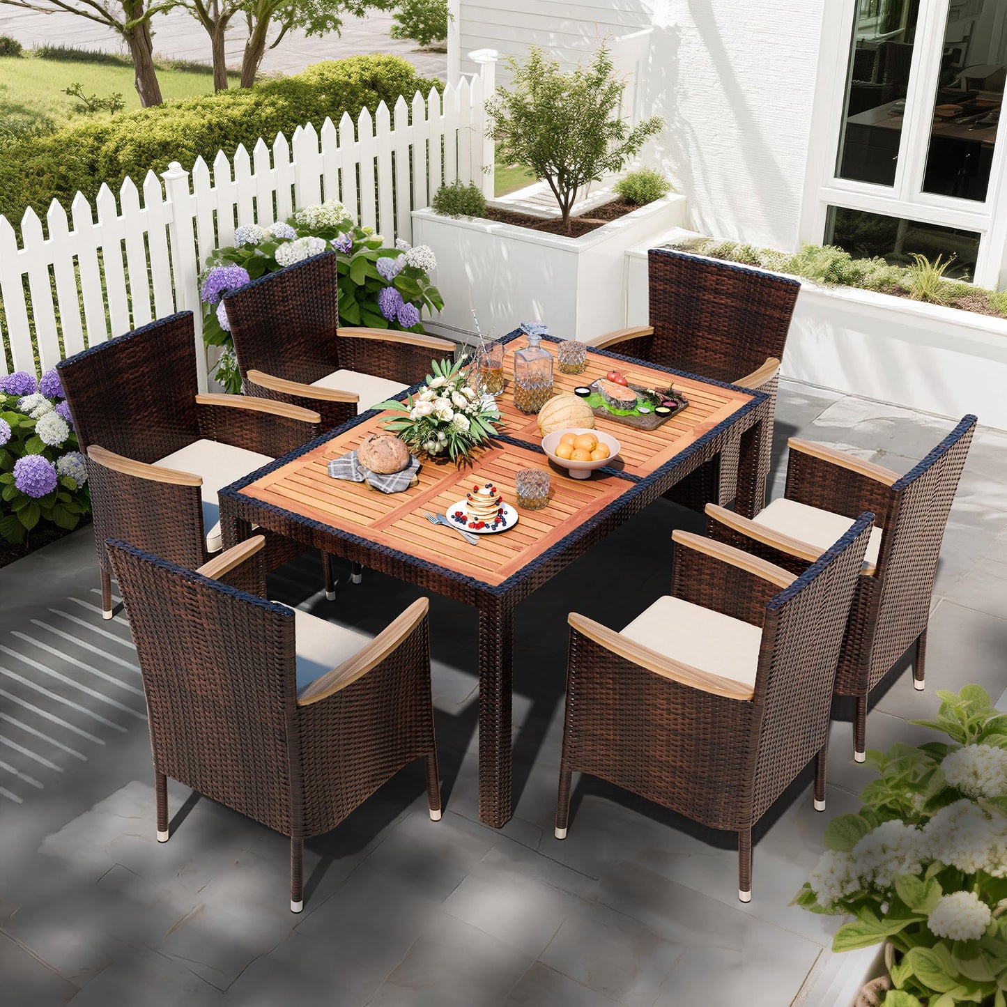 Shintenchi 7 PCS Patio Dining Set, Wicker Patio Conversation Set with Wooden Table Top, Outdoor Table and Chairs with Soft Cushions for Backyard, Deck and Garden, Brown Wicker