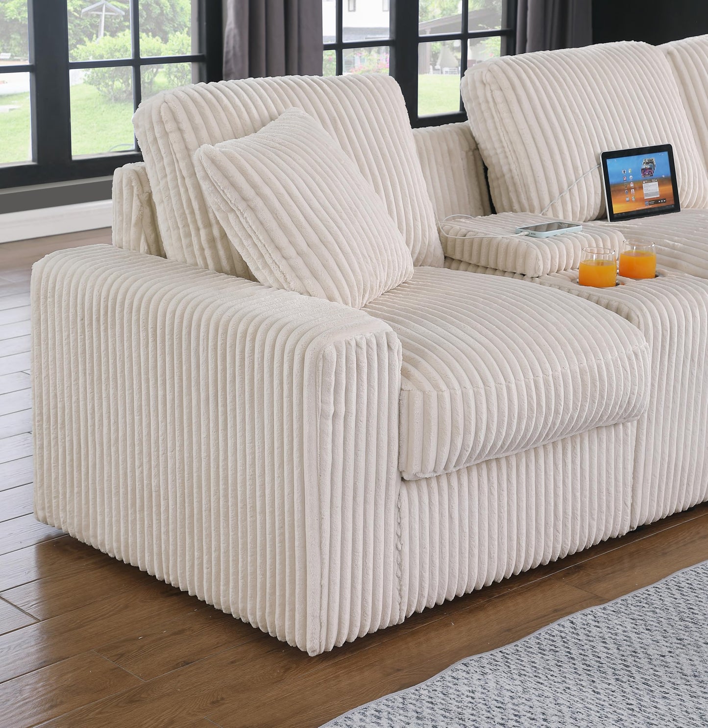 Ball & Cast 127" Oversized Modular Sectional Sofa L-Shaped,Large Corduroy Upholstered Couch 7 Seat with Ottoman,Cup Holders & USB Ports,Comfty Sectionals W/Pillows & Storage Box,for Living Room,Beige