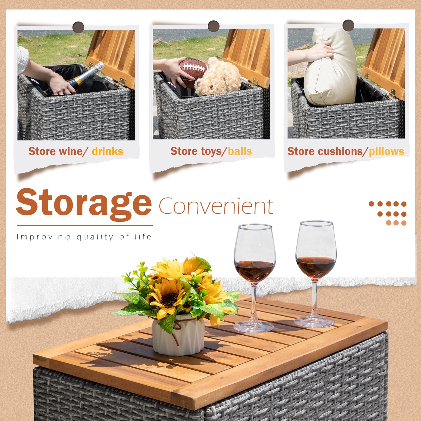 Greesum Patio Furniture Set Multifunctional Outdoor Sectional Sofa Rattan Chaise Lounge Wicker Daybed with Couch, Cushions, Storage Ottoman and 2 Side Tables for Backyard Porch Poolside Lawn, White