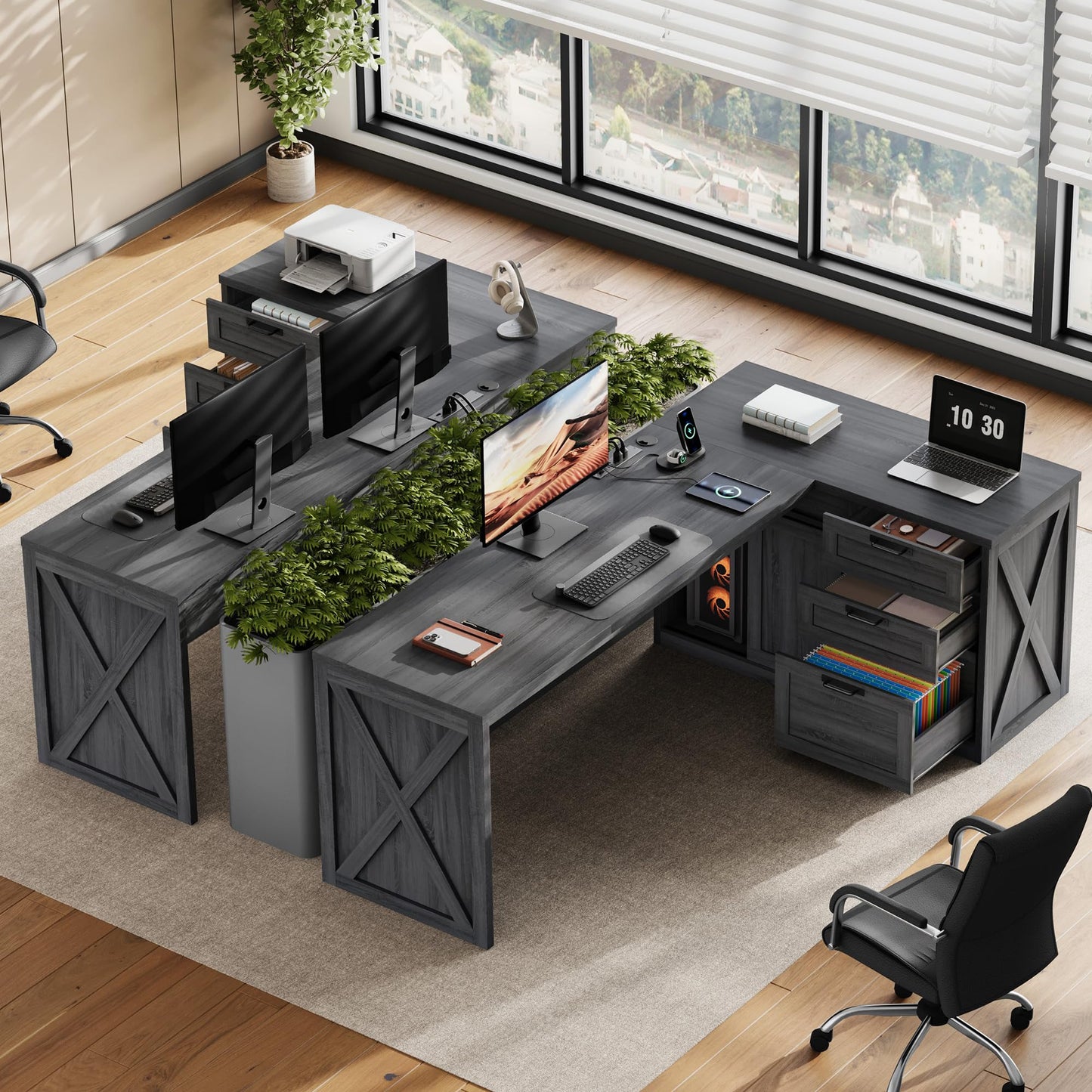 Homiflex 78.7" L Shaped Executive Desk with Drawers and File Cabinet, Farmhouse Large Office Desk with Power Outlets & Sliding Door Storage, Corner Computer Desk for Home Office Gaming, Dark Grey