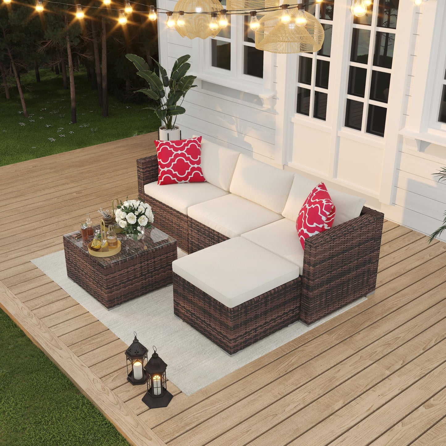 Garvee 5 Pieces Patio Furniture Set, Outdoor Glass Table and Cushions with Rattan Wicker Chairs, Patio Furniture Set for Porch, Balcony, Backyard, Garden, Gray & Blue