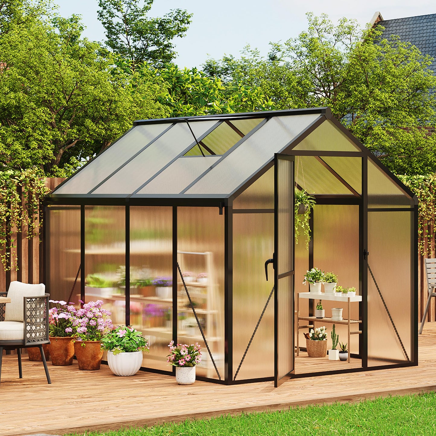 6x8 ft Walk-in Greenhouse, Polycarbonate Panels with Reinforced Aluminum Frame, Large Garden Green House for Planting and Seed Starting, Quick-Assembly Structure with Adjustable Roof Vent