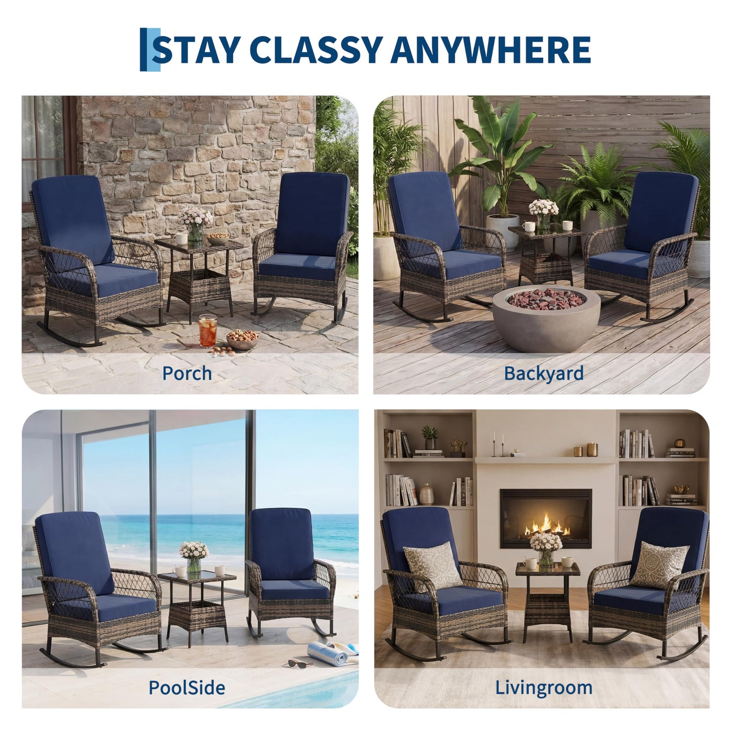 GarveeHome 3-Piece Outdoor Rocking Chair Set, Wicker Rattan Patio Furniture with Glass-Top Coffee Table, Modern Conversation Seating with Cushions for Porch, Backyard (Brown Rattan & Blue Cushion)