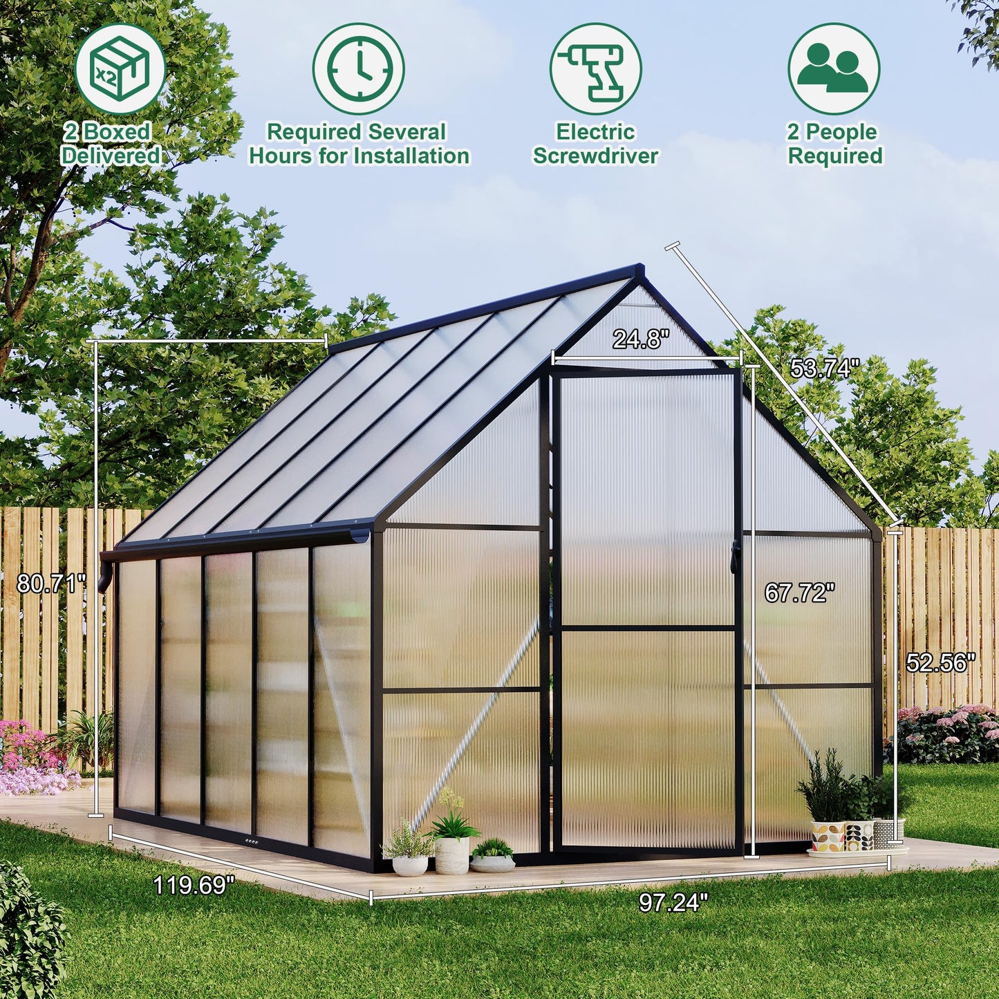 Polycarbonate Greenhouse for Outdoors, Large Walk-InGreenhouse with Quick Setup Structure and Roof Vent, Greenhouse with Ventilation and Rain Gutter