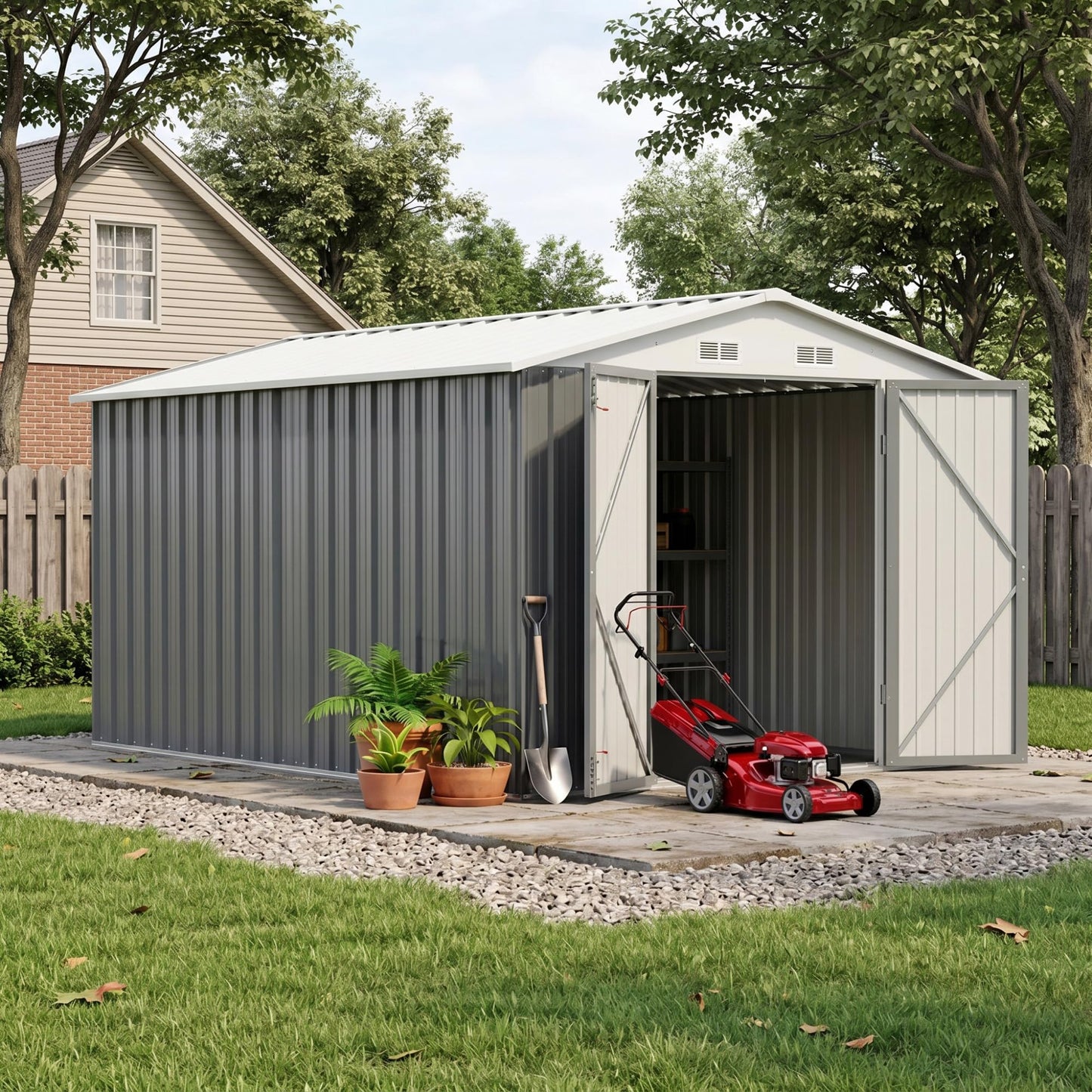Devoko 8x12 FT Outdoor Storage Shed, Metal Tool Shed with Lockable Door&Slooping Roof, Outside Large Utility Storage for Garden Backyard Patio(Gray)