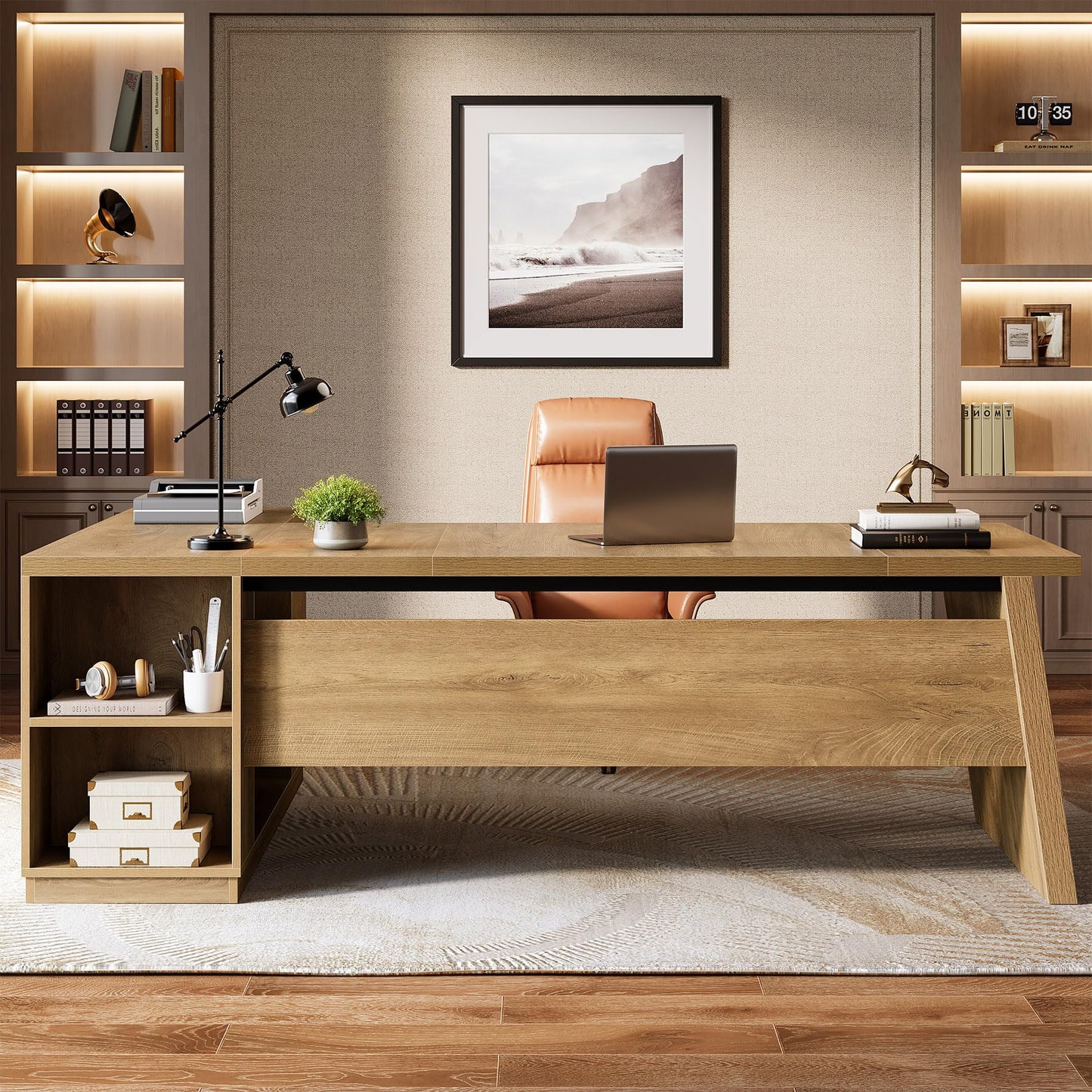 Tribesigns 78" L Shaped Desk with Drawers, Large Executive Office Desk with File Cabinet and Shelves, Modern Corner Computer Table Business Furniture for Home Office, Brown