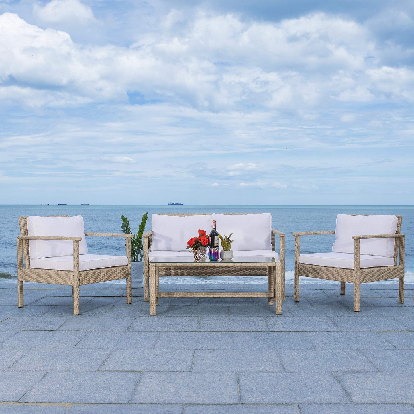 Safavieh Outdoor Collection Garnen Beige Wicker Cushion 4-Piece Living Set PAT7714B, Grey/White