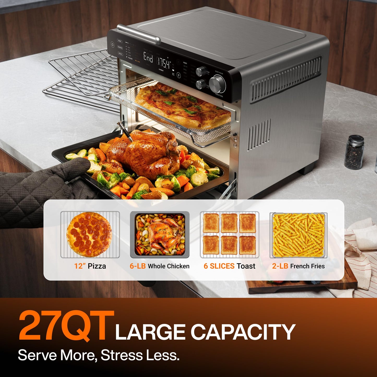 Typhur Sync Oven with Smart Wireless Meat Thermometer Probe, 12‑in‑1 Countertop Airfryer Toaster Oven Combo, 360° Turbo Convection, Dehydrator, Recipes & 5 Accessories, Large 27QT with Extra Wire Rack