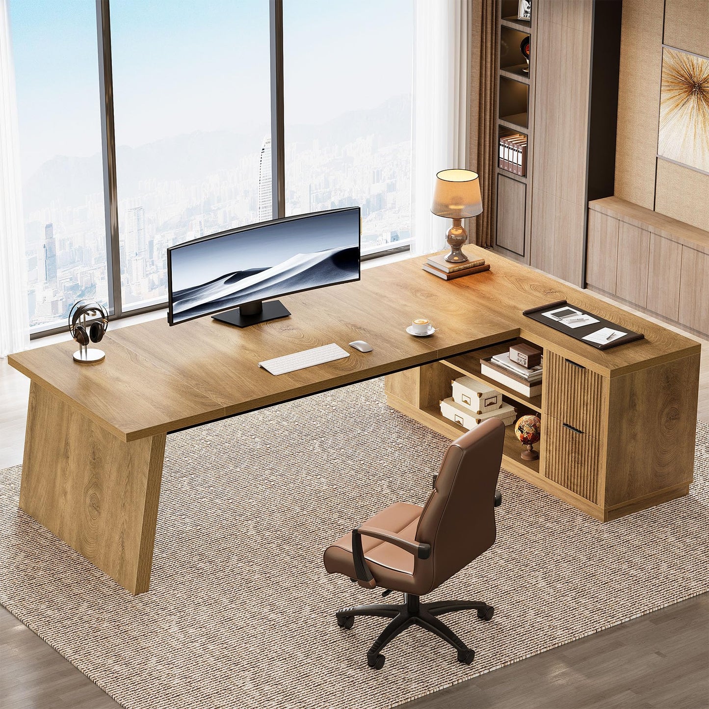 Tribesigns 78" L Shaped Desk with Drawers, Large Executive Office Desk with File Cabinet and Shelves, Modern Corner Computer Table Business Furniture for Home Office, Brown