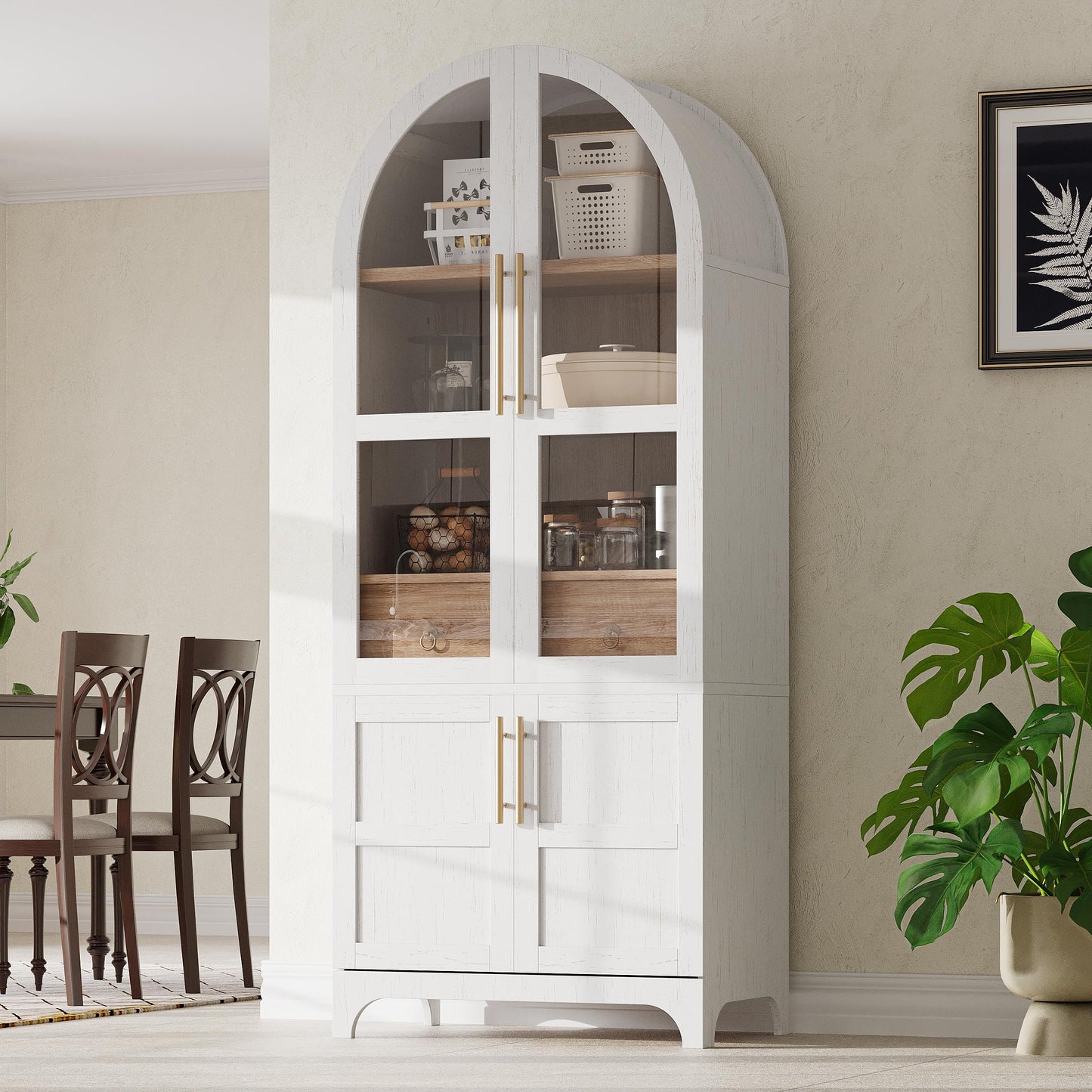 Ball & Cast Arched Kitchen Pantry Cabinet with Door Shelves,Farmhouse Cookroom Storage Cabinets W/Open & Adjustable Shelves,Glass Door & Hidden Drawer,Cupboard for Kitchen,Dining Room,White,71" Tall