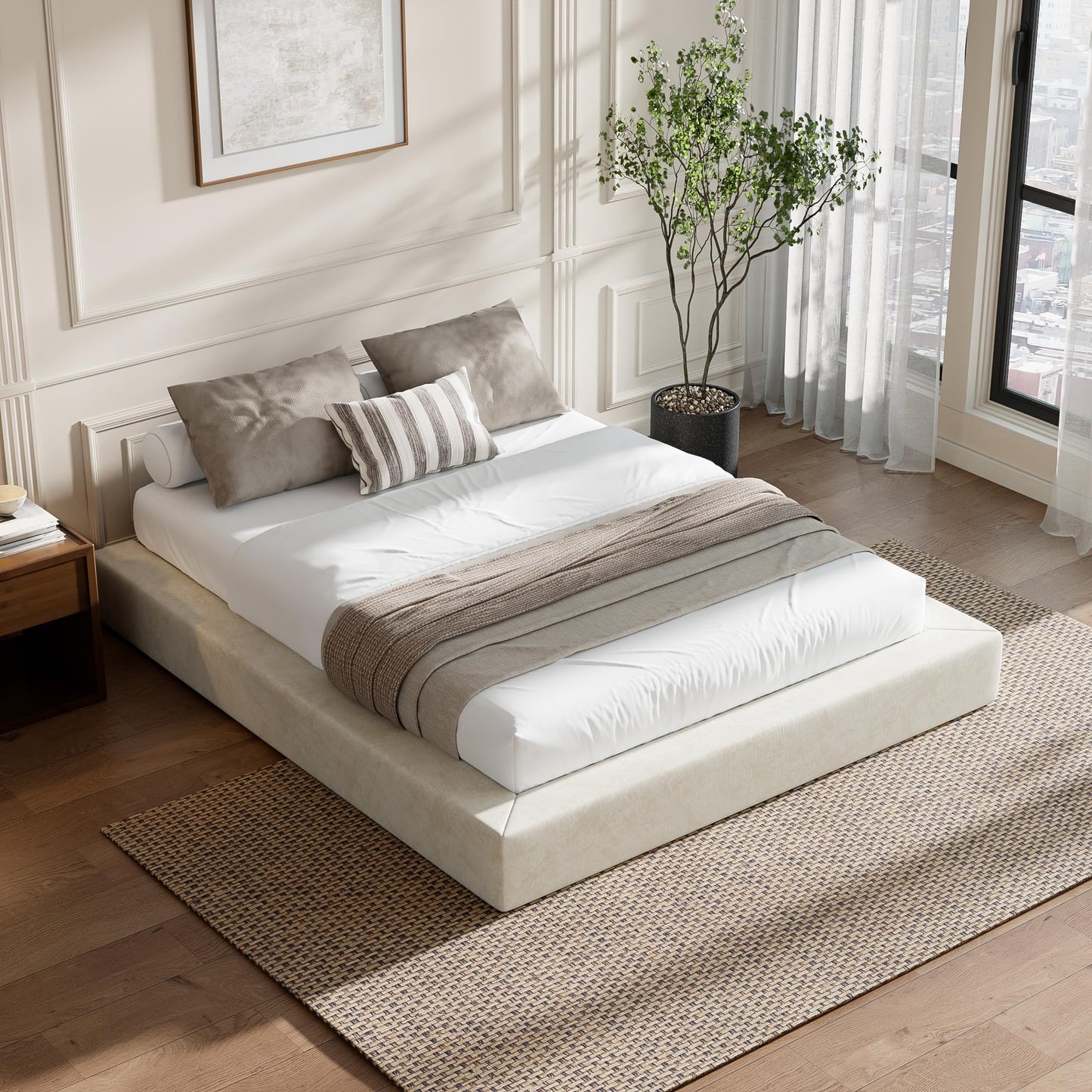 RECCI AirFrame Queen Bed Frame, Cloud Upholstered Platform Bed Frame, 5 Inch Fully Boxy Foam Cushioned, Square Shape Base, No Box Spring Needed, Easy Assembly | Beige Chenille, Soft Low-Profile
