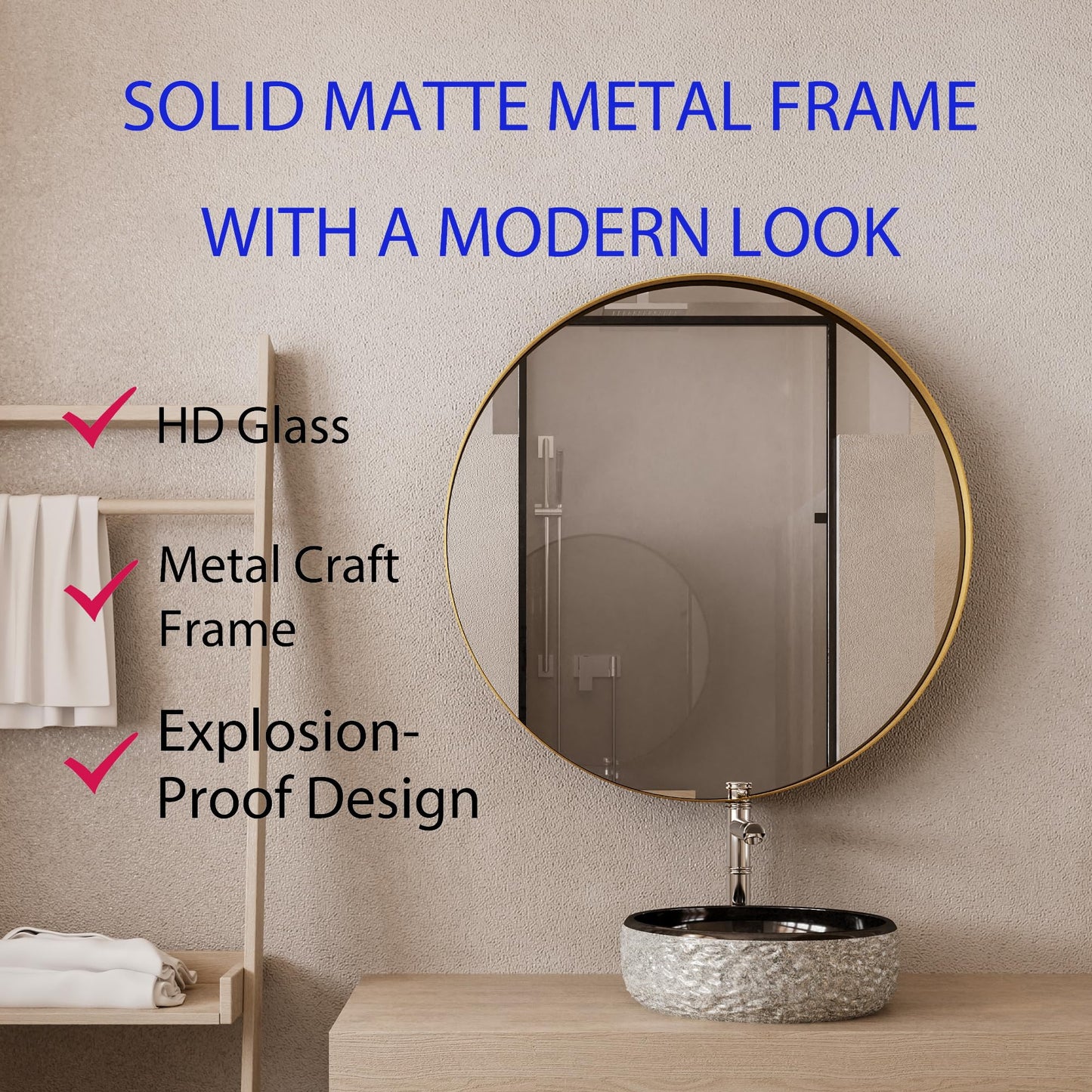 ApilithHive 31.5 Inch Round Gold Metal Framed Medicine Cabinet with Mirror, Adjustable Tempered Glass Shelves, Surface Mount, Modern Bathroom Wall Storage