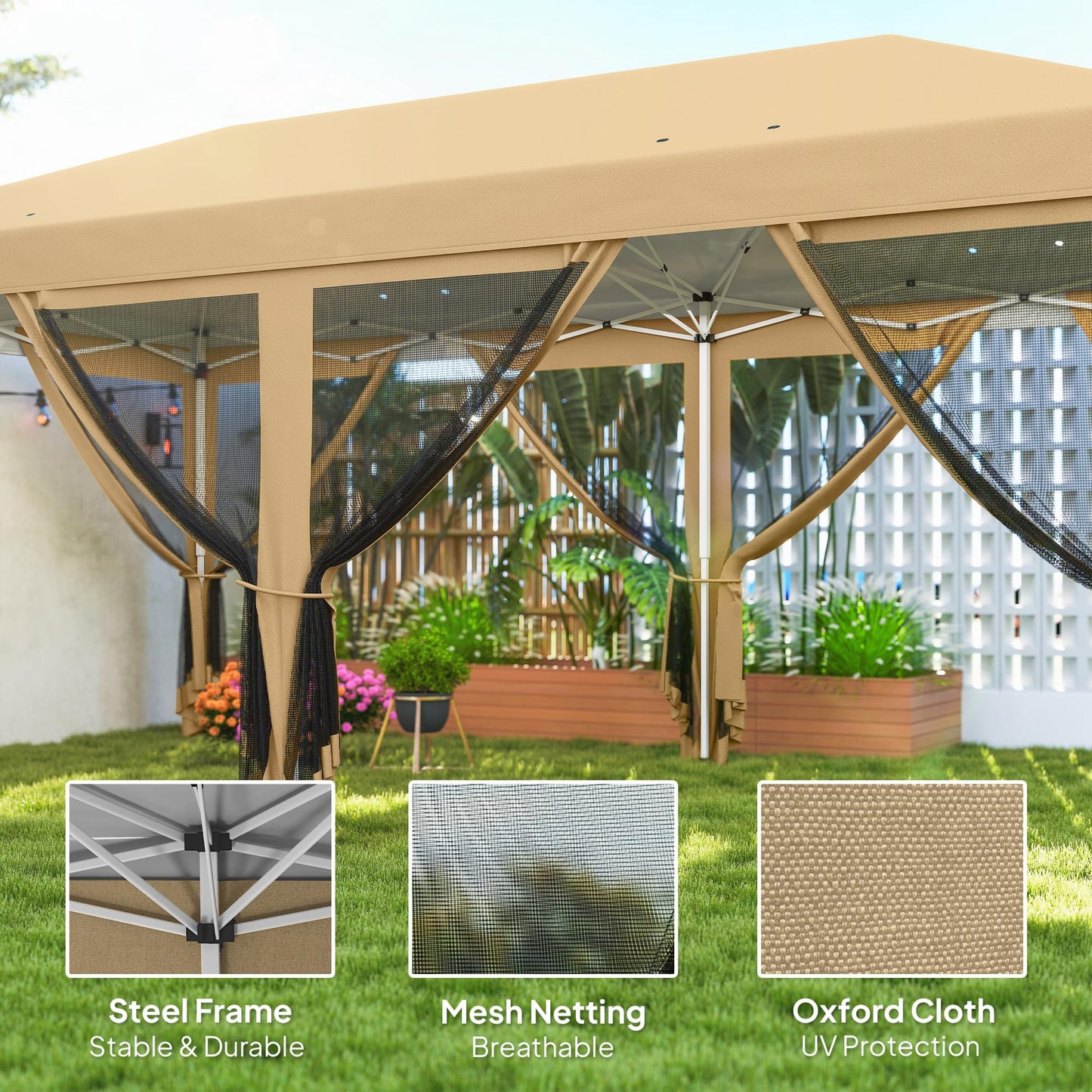 Outsunny 10' x 20' Pop Up Canopy Tent with Netting, Heavy Duty Instant Sun Shelter, Large Tents for Parties with Carry Bag for Outdoor, Garden, Patio, Beige