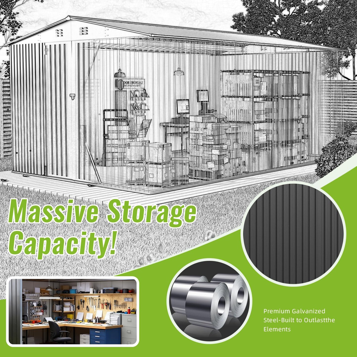 PABIMIA 10X14 FT Outdoor Storage Shed, Durable Metal Outside Storage with Lockable Doors, Waterproof Storage Shed for Tools, Equipment, Ideal for Backyard Garden Patio Lawn