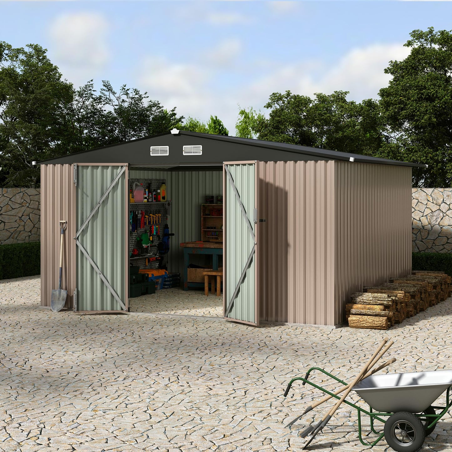 12X10 ft Outdoor Metal Storage Building, Outdoor Shed with Secure Lockable Door & Air Ventilation System, Premium Metal Tool Shed for Garden, Backyard, Patio, Ideal for Lawn Equipment & Tools