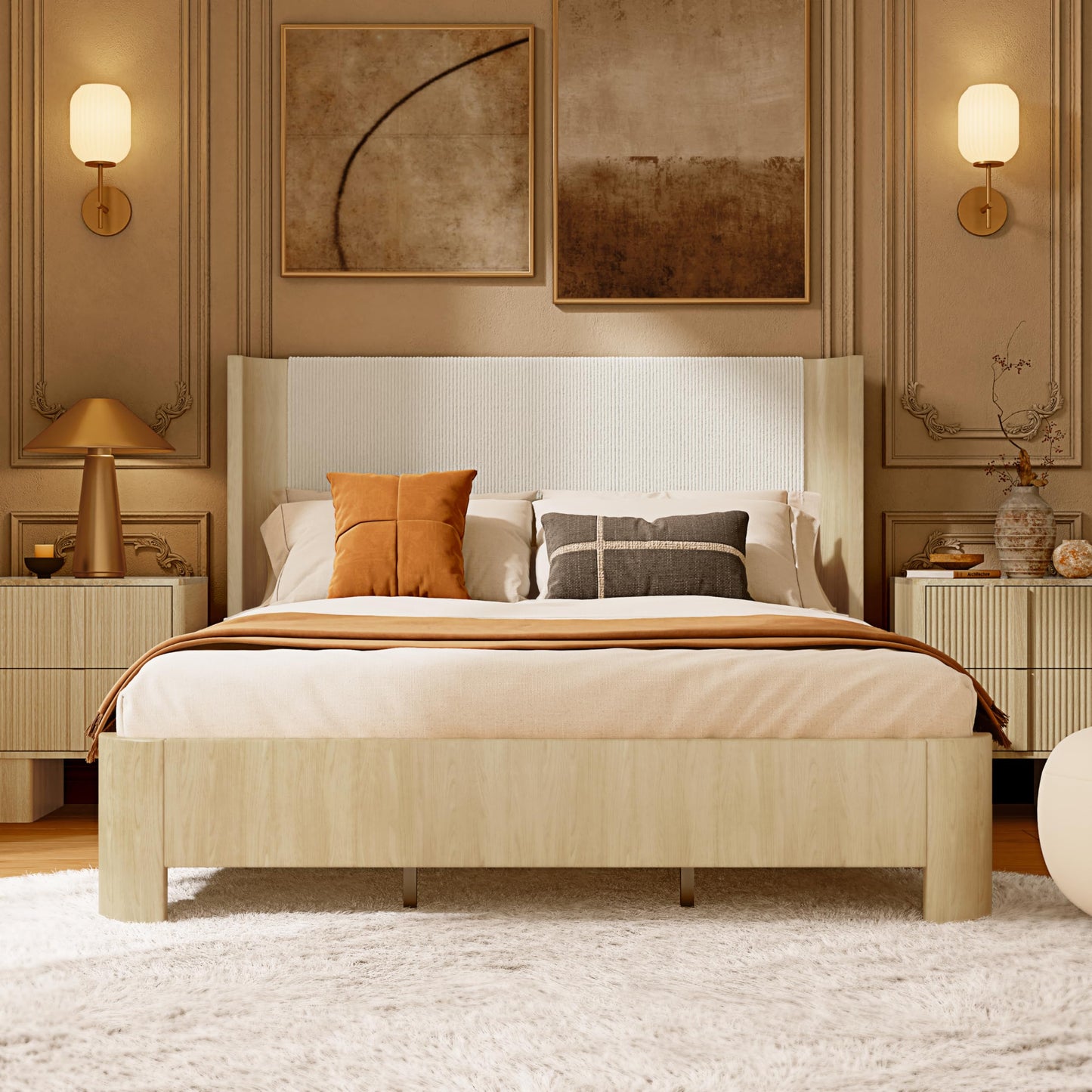 King Size Upholstered Platform Bed Frame with Wingback Headboard, Motion-Sensing LED Lights, Sturdy Slats, Mattress-Lock Footboard, PU Leather,No Box Spring Needed, Easy Assembly, Whitewashed Oak