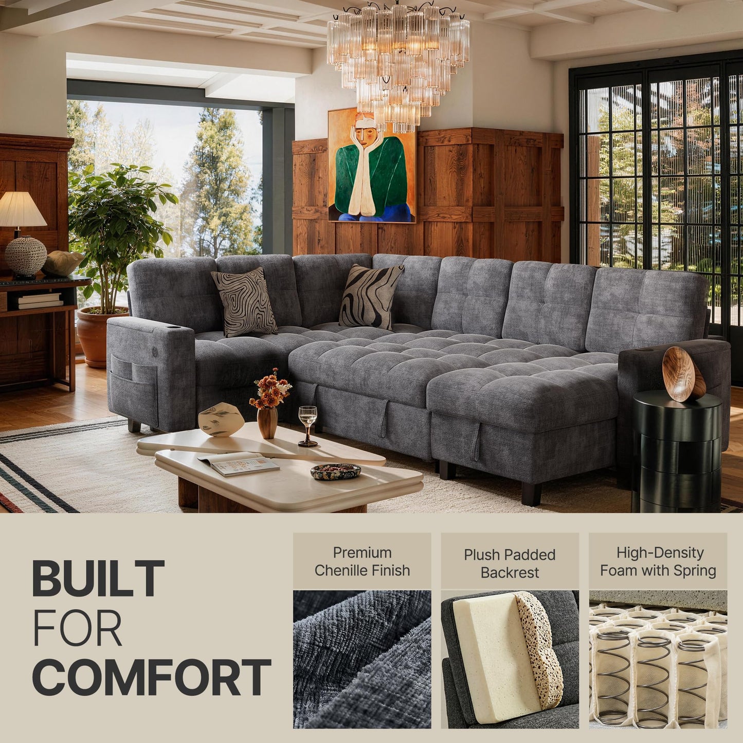 Marsail 110" Sectional Sleeper Sofa with Pull Out Bed, 7 Seat Modular Sectional Couch with Storage, USB & Cup Holders, Modern Chenille Cloud Sofa for Living Room, Light Gray
