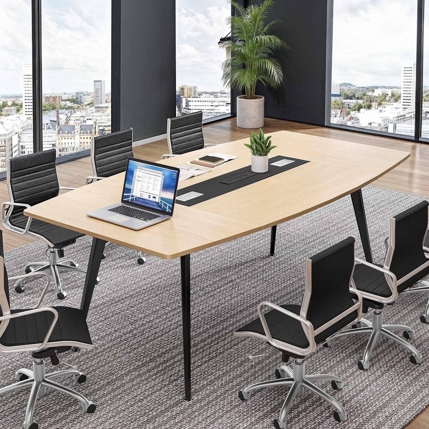 YITAHOME 6FT Conference Table with Power Outlets, 70.8 Inches Boat Shaped Meeting Table with Rectangle Grommet, Modern Seminar Table for Office Conference Room, Boardroom Desk, Light Wood Grain