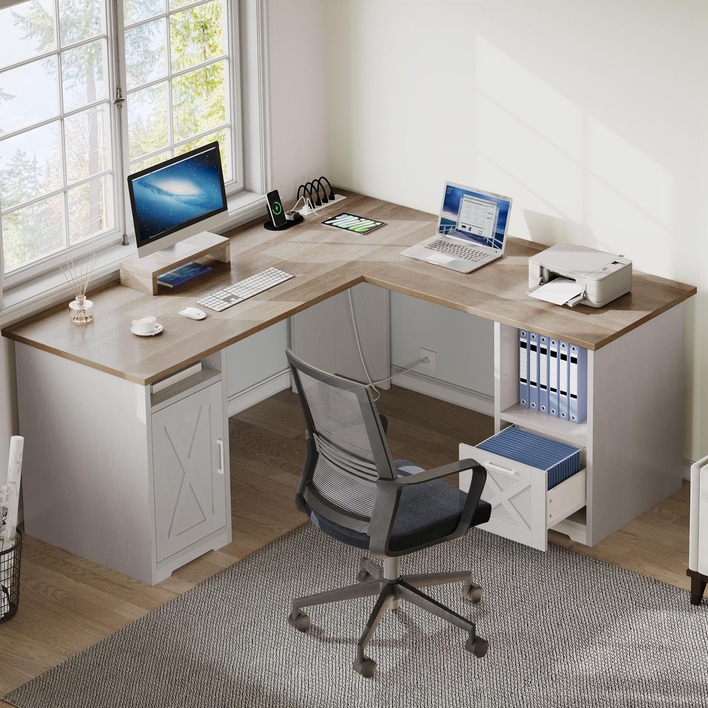YITAHOME L Shaped Desk with Power Outlets, 60 Inch Computer Desk Corner Desk with File Drawer, Home Office Desk with Monitor Stand & Storage Shelves, L-Shaped Desk with File Cabinet, Grey Wash