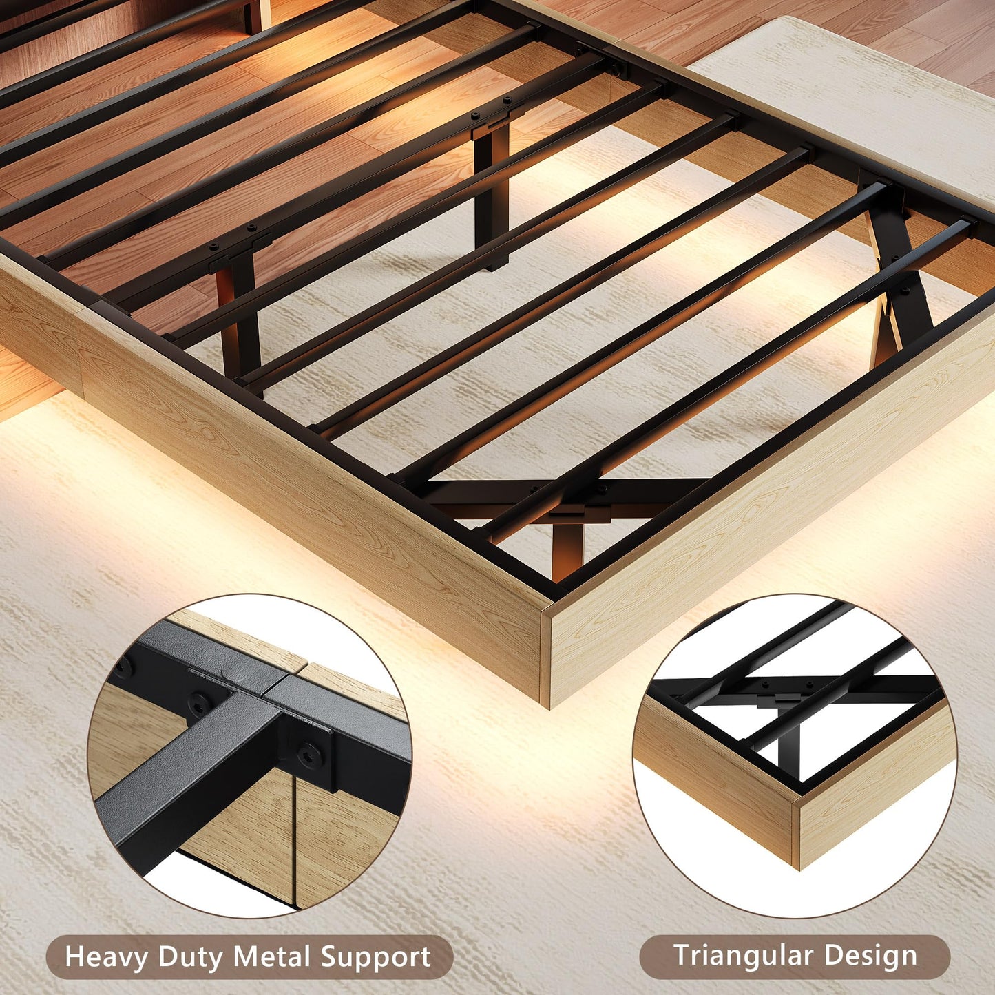 Einhomn Floating Bed Frame Twin with 2-Tier Storage Velvet Fabric Upholstered Headboard, Wooden Platform Bed Frame w/Charging Station & LED Lights, Metal Slats Support, No Box Spring Needed, Natural