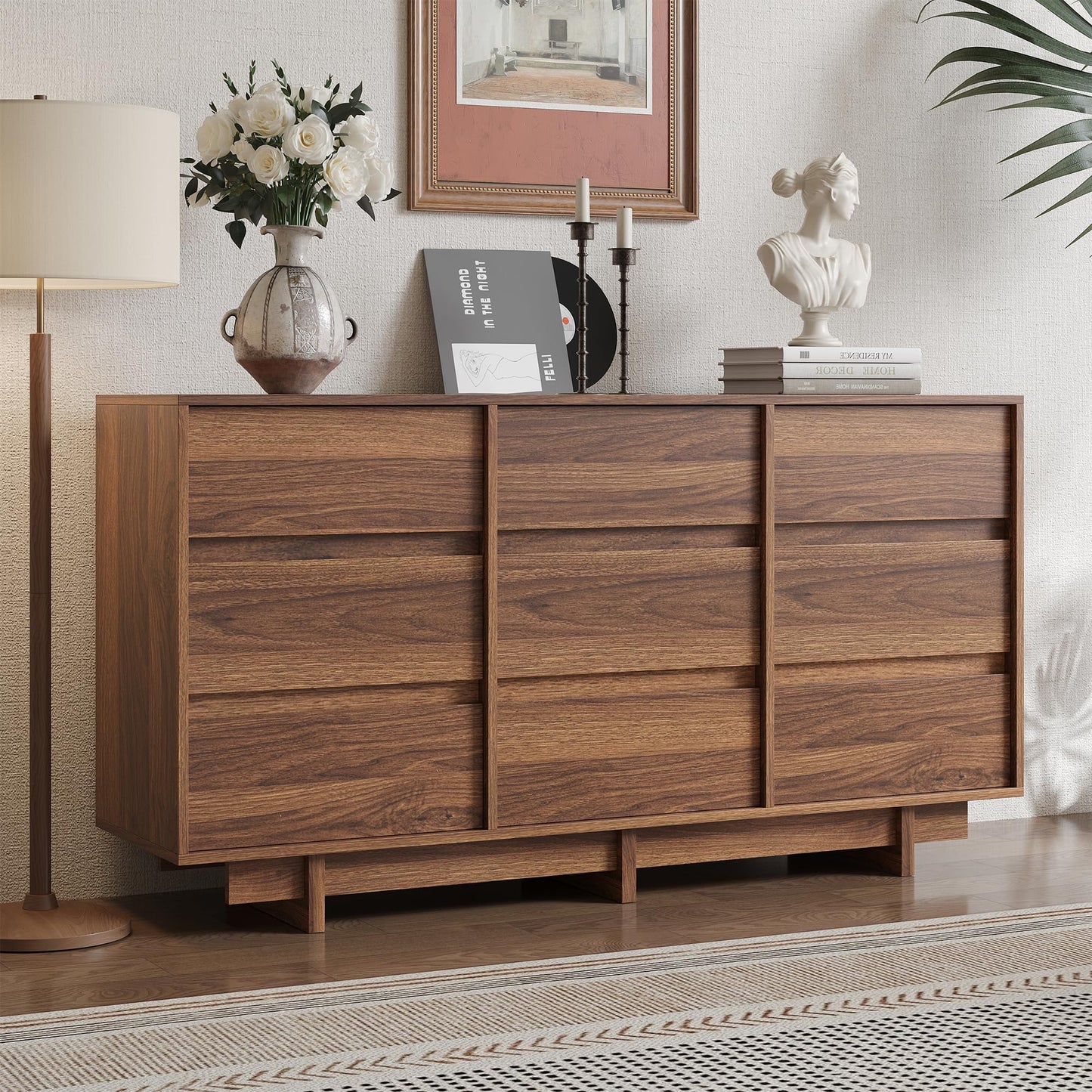 CHUWELL 59" Wide Dresser for Bedroom,Walnut Mid Century Modern Dressers with 9 Drawers, Adequate Capacity Storage,Closet Clothes Organizer for Bedroom