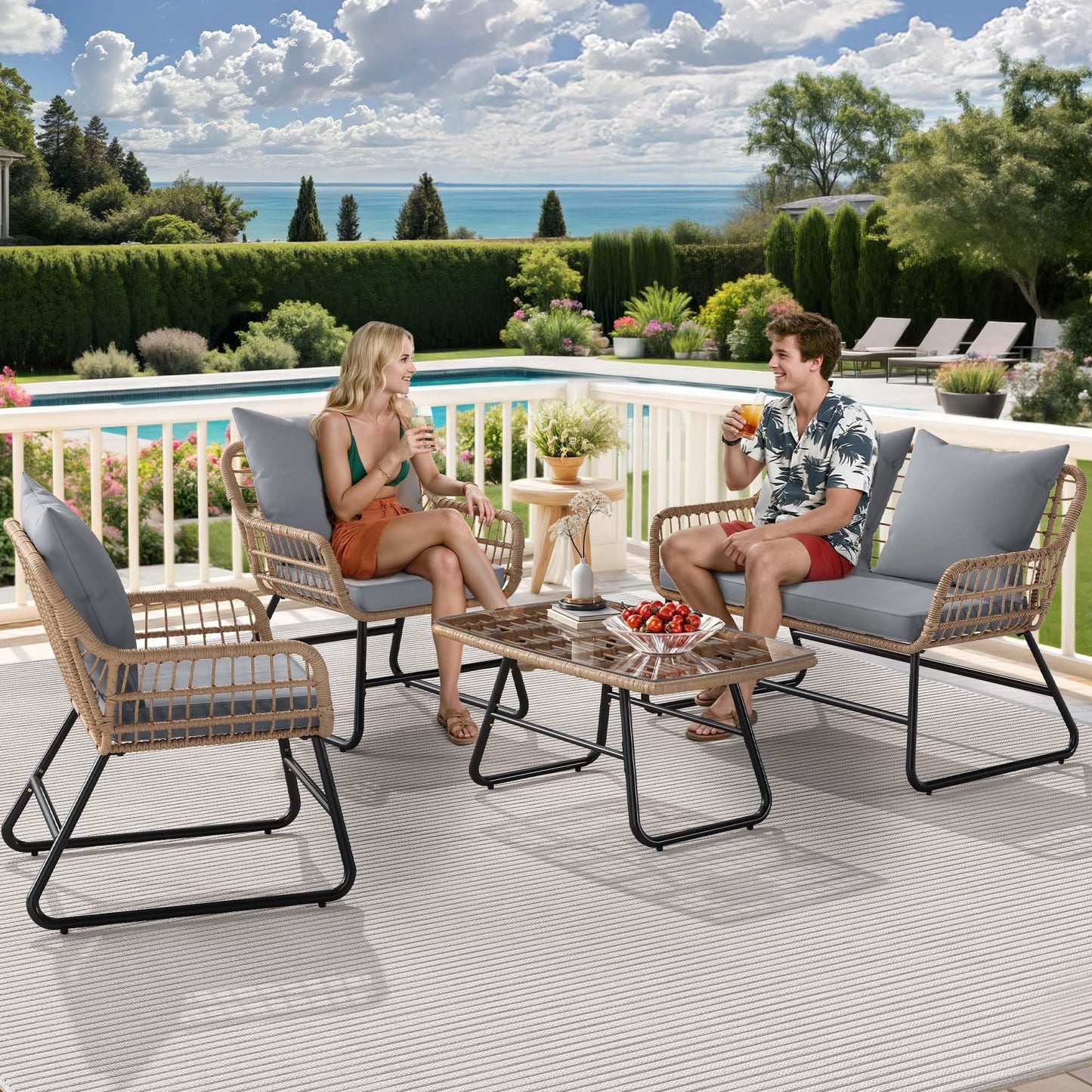 YITAHOME 4-Piece Patio Furniture Set, Wicker Outdoor Furniture Set with Cushions, Outdoor Table and Chairs for Balcony, Backyard, Deck, All-Weather Rattan Conversation Set, Light Gray
