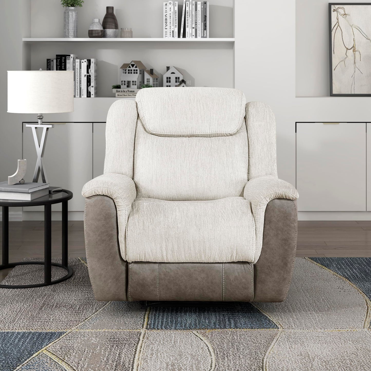 Lexicon Manual Recliner Chair for Living Room, Chenille Upholstery Reclining Chair, Home Theater Seating, Wall Hugger, Padded Headrest, Required Assembly, Two-Tone Beige