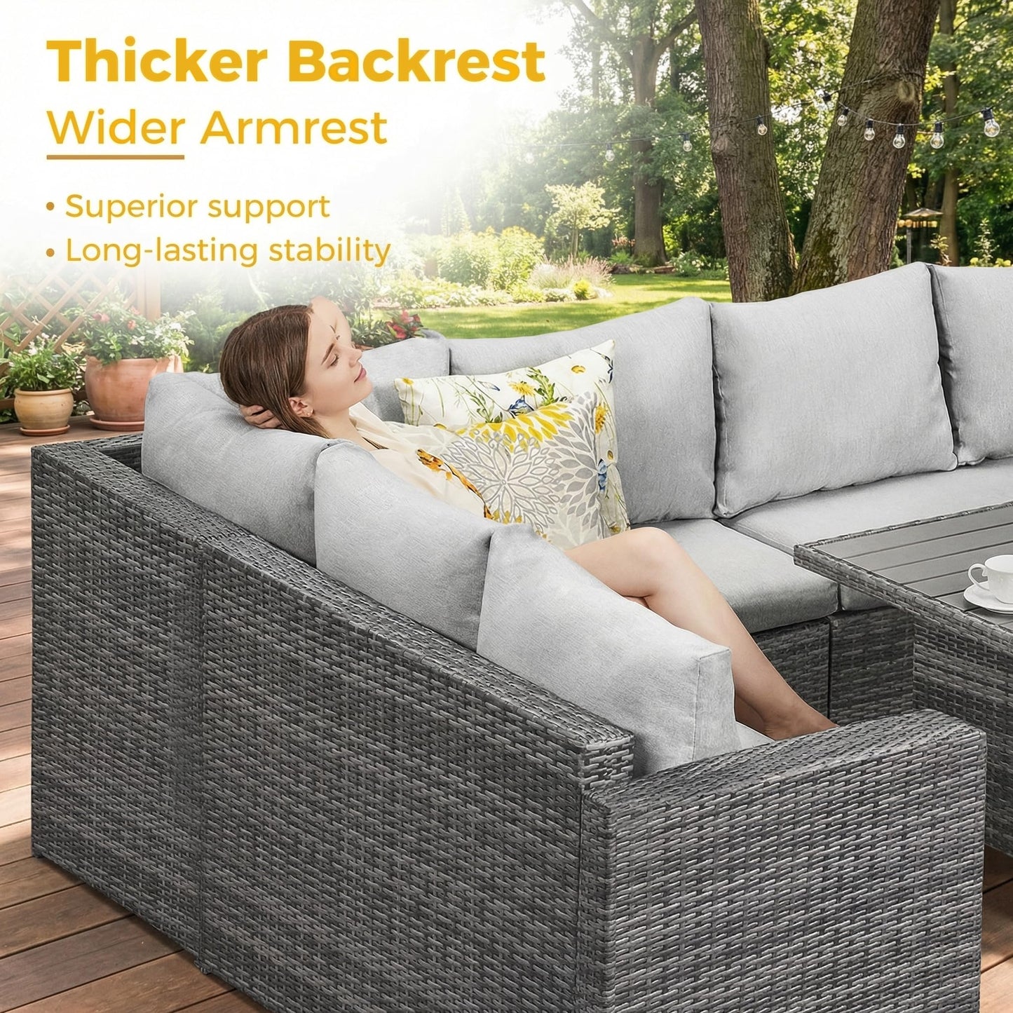 Wisteria Lane 7 Piece Patio Furniture Set, Wicker Patio Sectional with Wide Armrest, All Weather Outdoor Dining Set, Outdoor Furniture Patio Conversation Set with Ottoman, Ash Gray