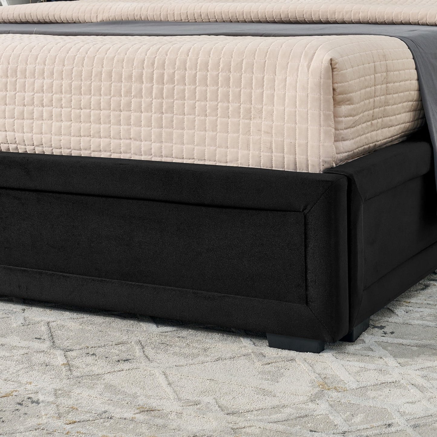 KEIKI King Size Velvet Platform Bed Frame with 2 Built-in Storage Nightstands & Shelves, Oversized Headboard Upholstered Bedroom Bed Set, Wood Floor Grounded Bed, Modern, No Box Spring Needed, Black