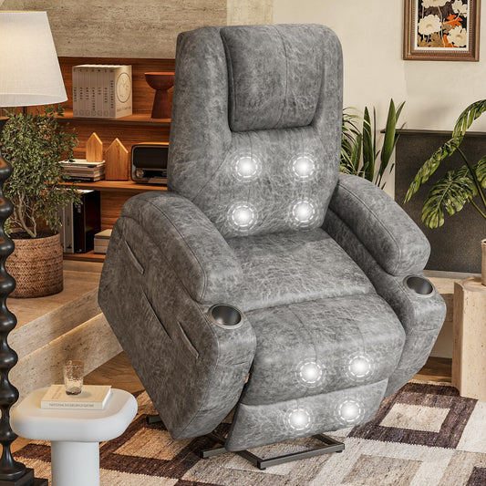 Electric Power Lift Recliner Chair with Massage for Elderly Corduroy Fabric Recliner Single Sofa with Cup Holders, Side Pockets and Remote Control for Living Room Bedroom (Leathaire, Light Gray)