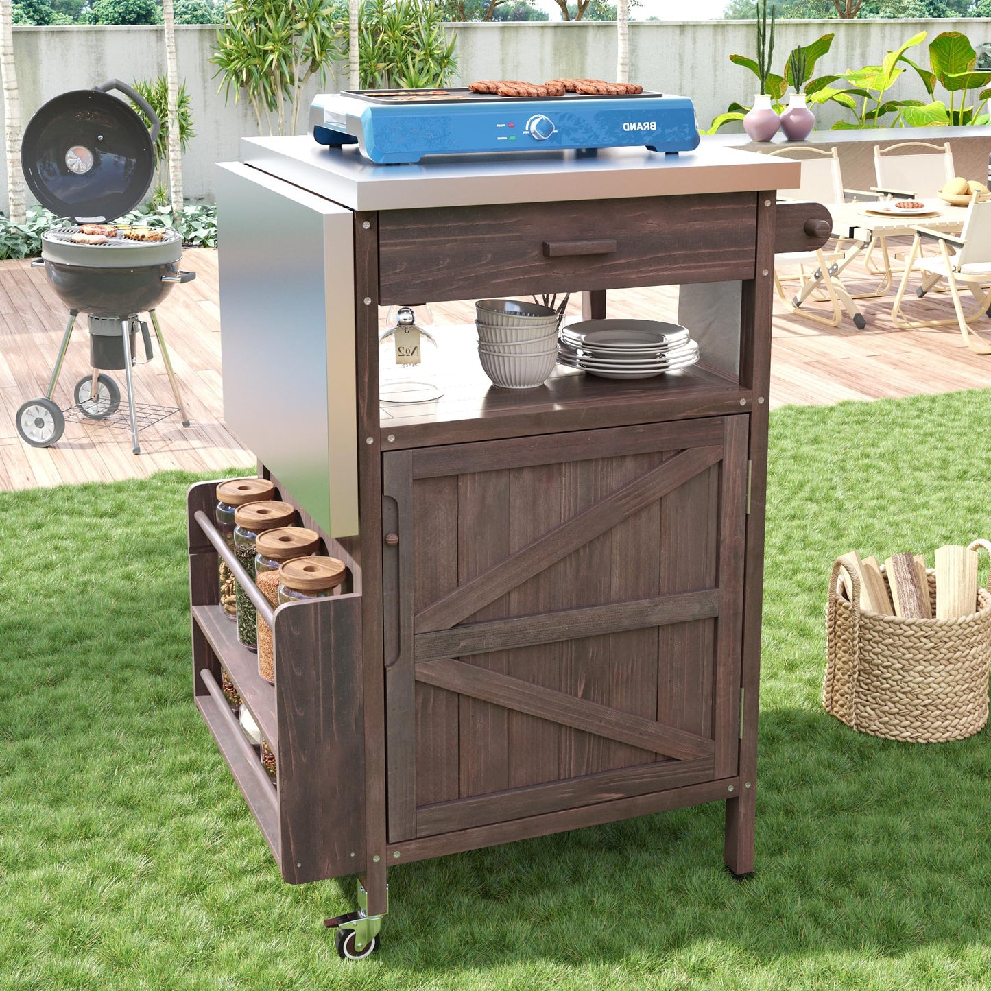 Merax Grill Cart with Storage, Patio Kitchen Island Outdoor Grill Table with Lockable Wheels Drop Leaf, BBQ Cart Movable Pizza Oven Table Stand, Brown