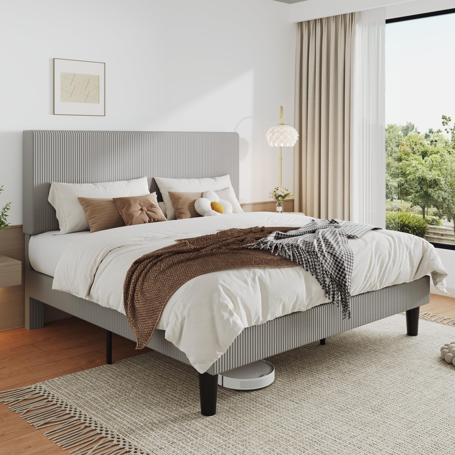 Allewie King Size Upholstered Bed Frame with Vertical Channel Tufted Headboard, Soft Corduroy Fabric Platform Bed, Strong Wooden Slats Support, Easy Assembly, No Box Spring Needed, Light Grey