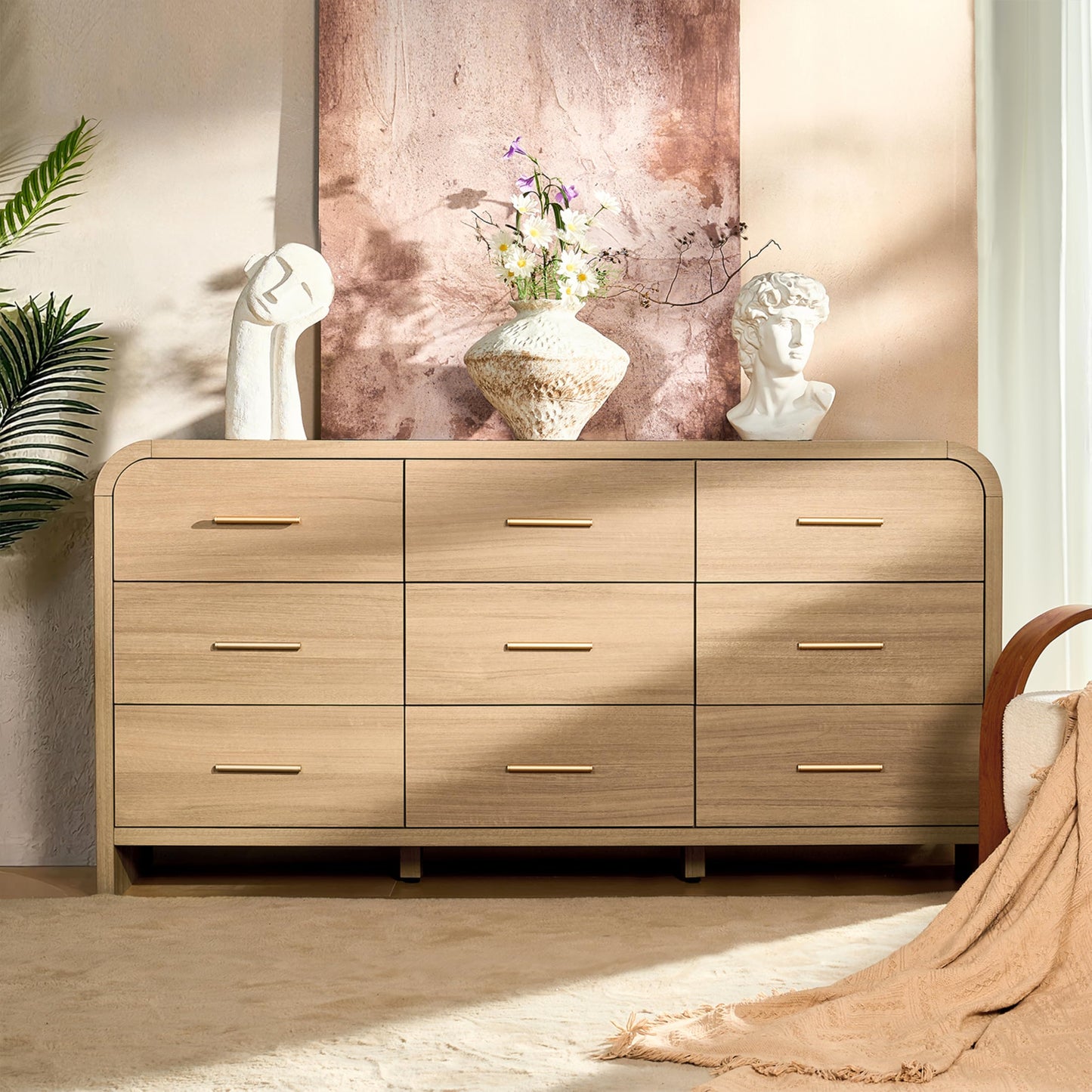 EliteSet Curved 9-Drawer Dresser for Bedroom, 63" Wide Modern Chest of Drawers, Vanity Desk TV Stand for Living Room, Closet Storage Drawers Organizer Furniture, Nursery, Hallway, Grey Oak