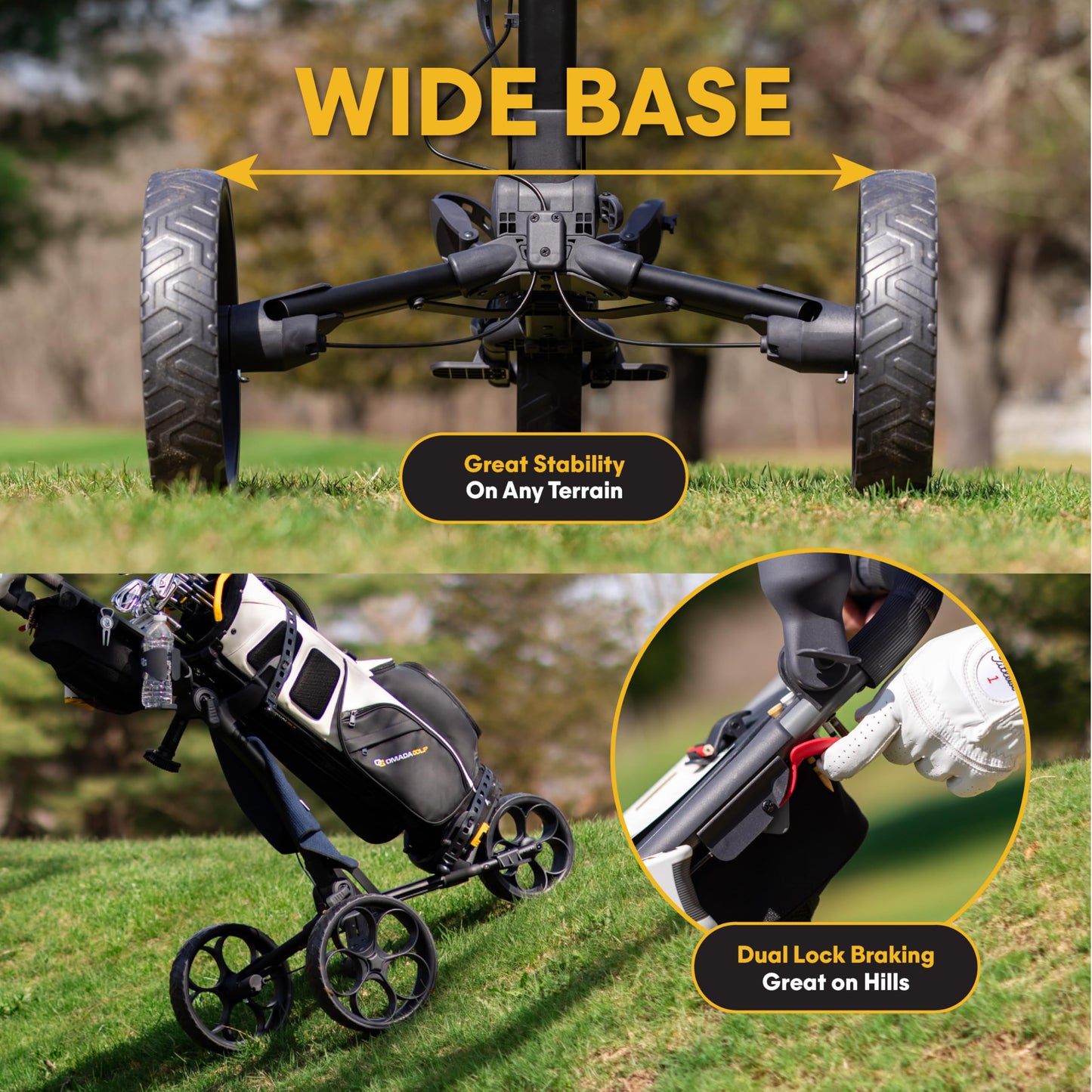 OMADA GOLF T2Lite Golf Push Cart | Lightweight, Ultra-Compact Folding Golf Cart | Large All Terrain Wheels | Umbrella Holder Included | Deep Storage Console | Adjustable Handle, Handbrake + Cup Holder