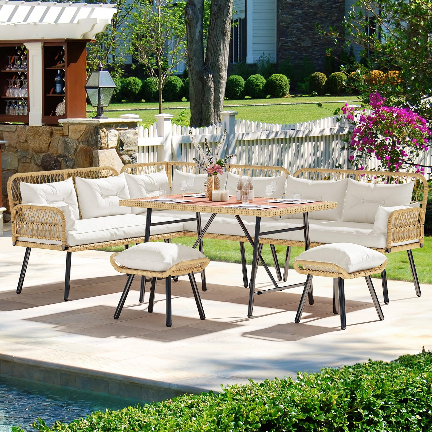 YITAHOME Patio Wicker L-Shaped Furniture Set, All-Weather Rattan Outdoor Conversation Sofa Set for Backyard Deck with Soft Cushions,Ottomans and Plastic Wood Dining Table (Light Brown+Beige)