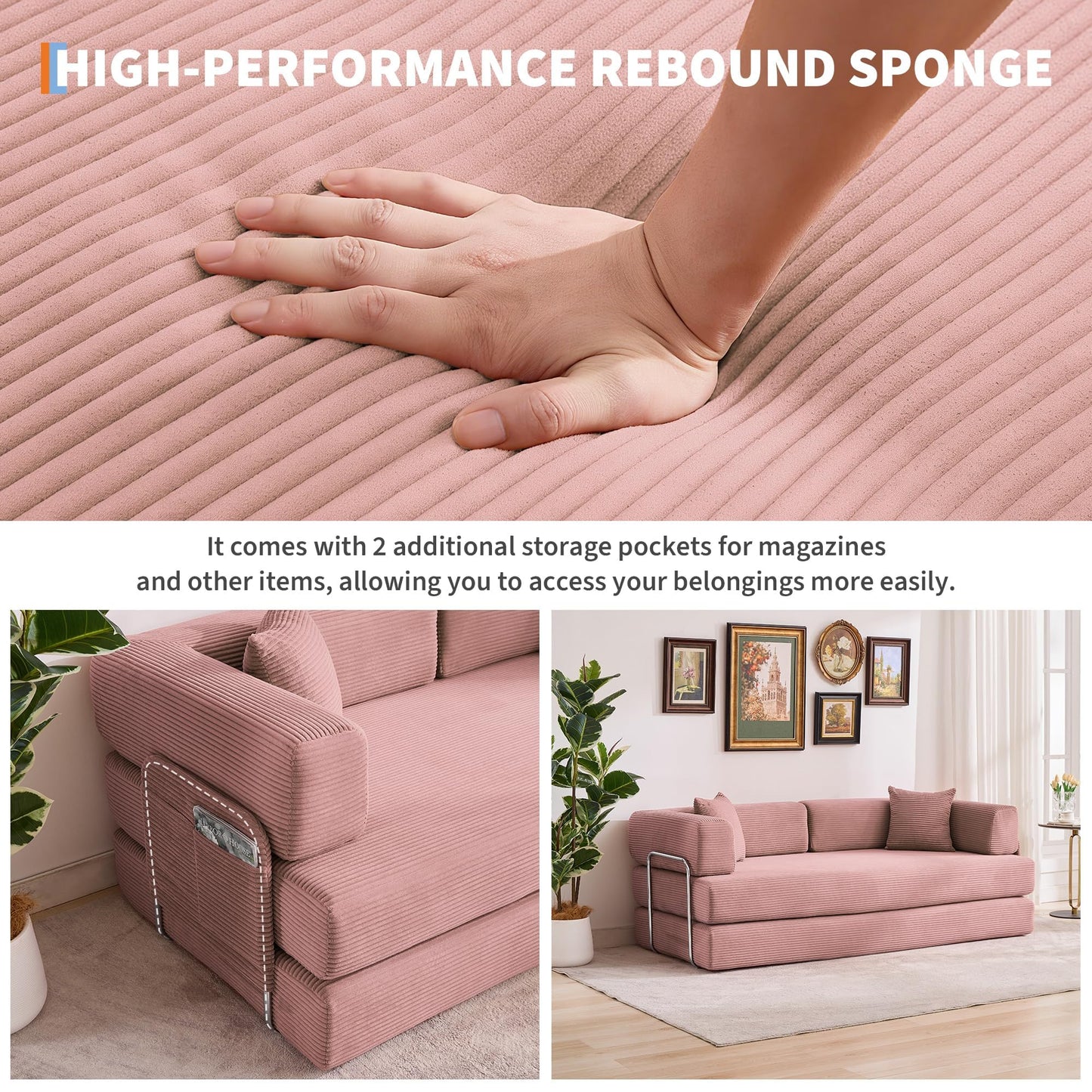 GarveeLife 78.8" Modular Corduroy Sofa Bed,5 in 1 Convertible Futon Floor Couch with Pull-Out Sleeper,Multi-Functional Futon for Living Room Guest Room & Small Spaces