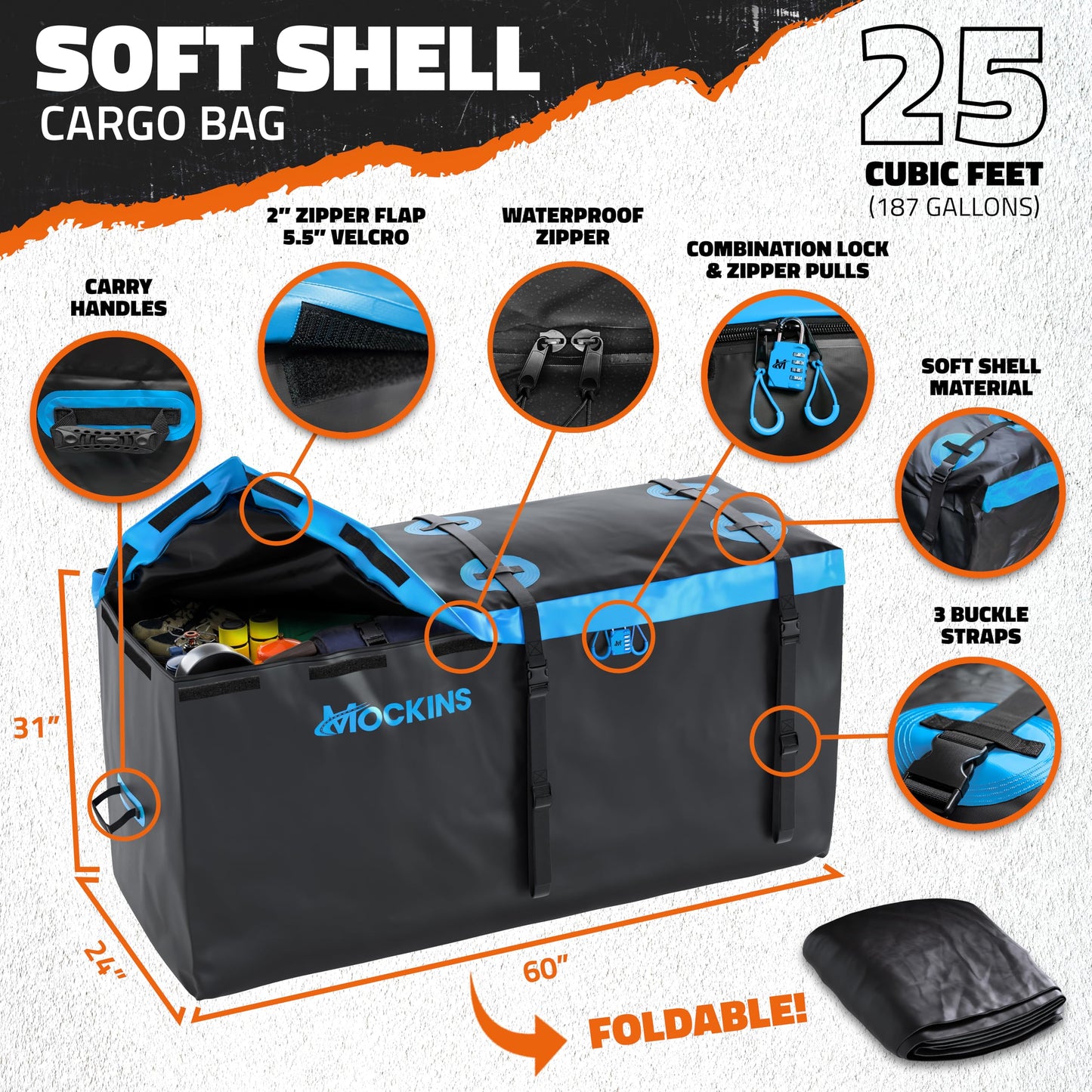 Mockins 60"x24"x6" Folding Trailer Hitch Cargo Carrier w/ 25 Cu Ft Waterproof Cargo Bag for Hitch Carrier | Heavy Duty 500 lbs Steel Luggage Rack for SUV, Car & Truck w/Plate Bracket & Accessories