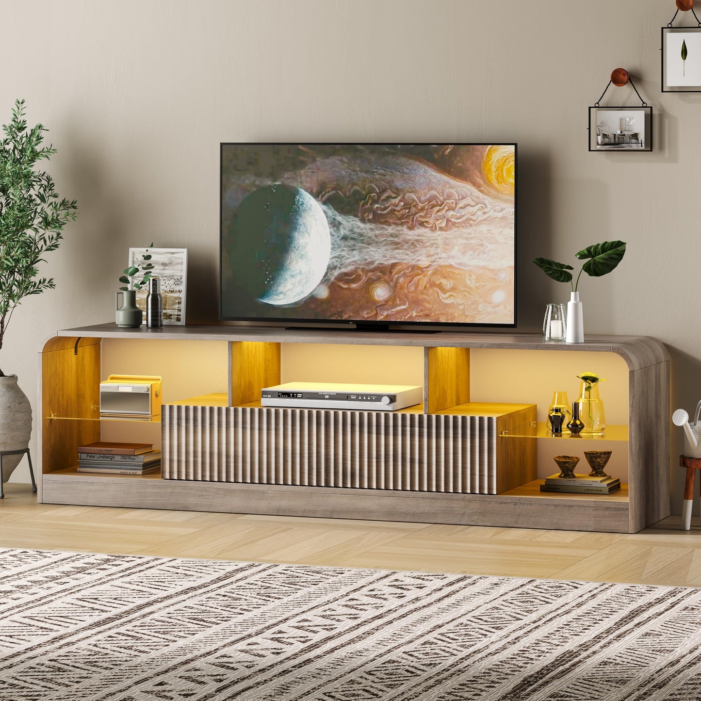 ANYMAPLE TV Stand for 60/65/70 Inch TVs, Modern Curved TV Console with LED Lights, 2 Drawers & Glass Shelves, Living Room Entertainment Center