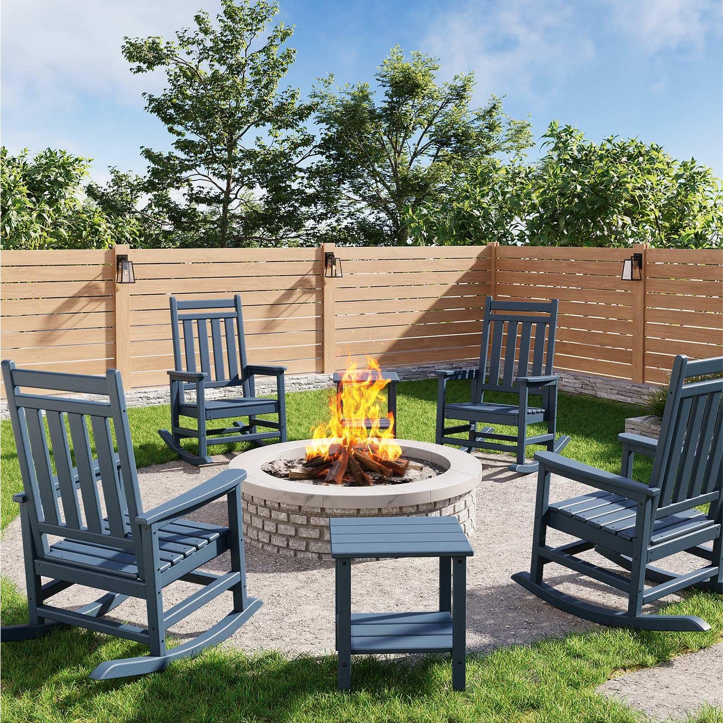Garvee HDPE Rocking Chair Outdoor Set of 4 with 2 Side Table - Poly High Back Porch Rocker Chairs for Adults - All Weather Resistant Furniture for Patio Front Porch - Navy Blue
